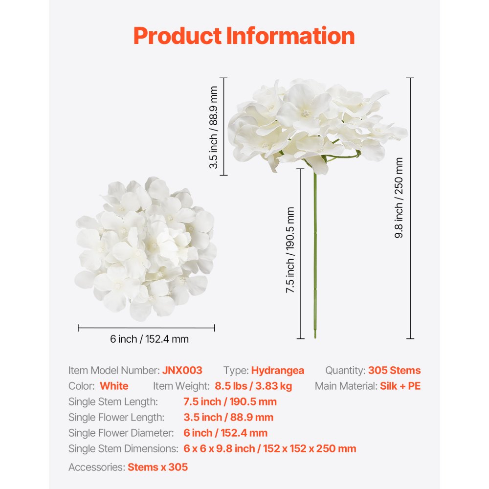 VEVOR Artificial Flowers, 305 pcs Real Looking White Silk Fake Hydrangea Bulk, White Faux Bridal Shower with Stems for DIY Wedding Bouquets, Home Centerpieces Arrangements, Party Tables Decorations