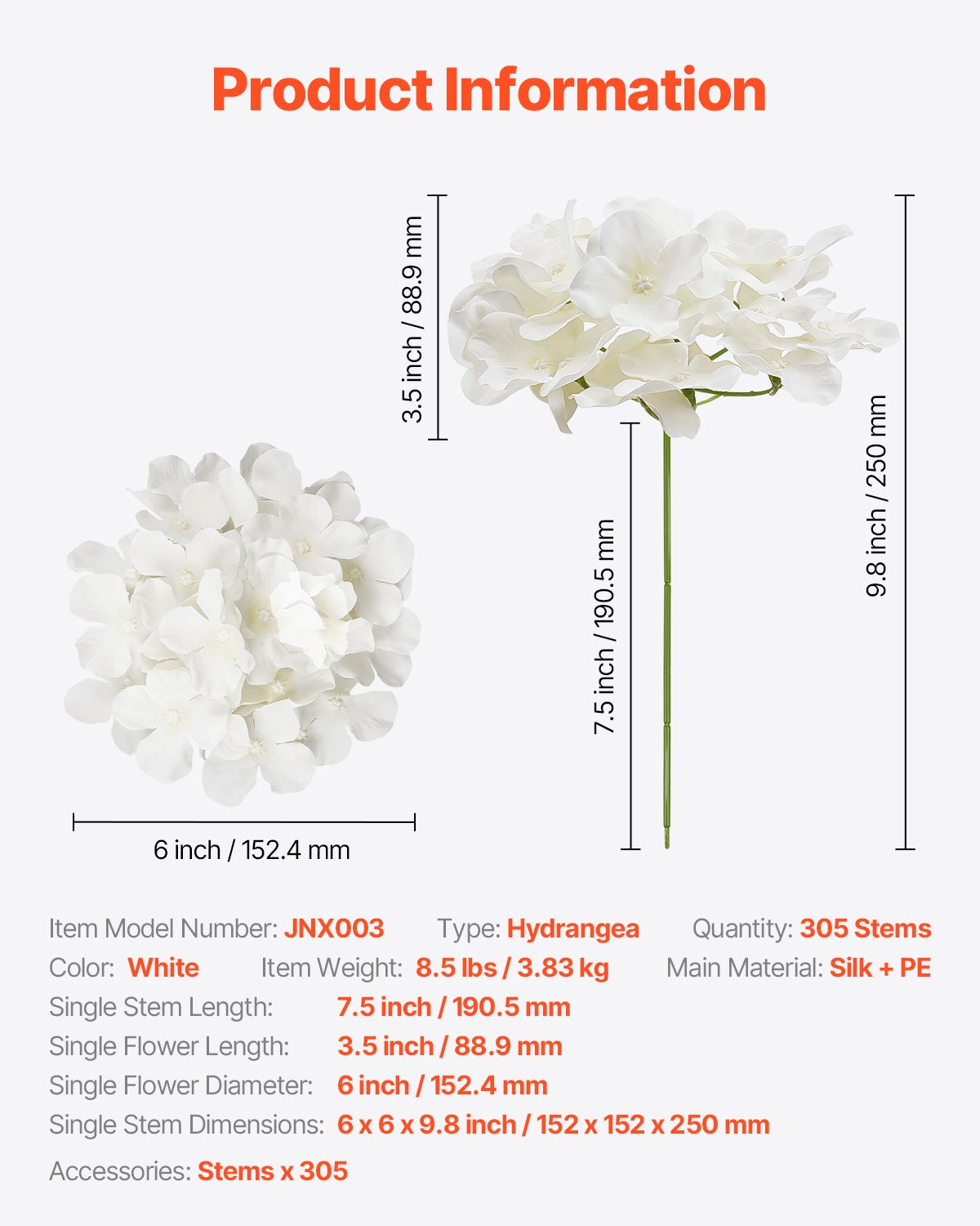 VEVOR Artificial Flowers, 305 pcs Real Looking White Silk Fake Hydrangea Bulk, White Faux Bridal Shower with Stems for DIY Wedding Bouquets, Home Centerpieces Arrangements, Party Tables Decorations