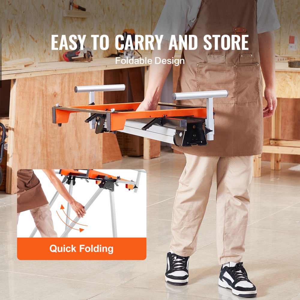 VEVOR Miter Saw Stand, 300lbs Load Capacity Steel Collapsible Stand for Miter Saw with One-piece Mounting Brackets Clamps, Adjustable Height and Length, Portable Compact and Folding Miter Saw Stand