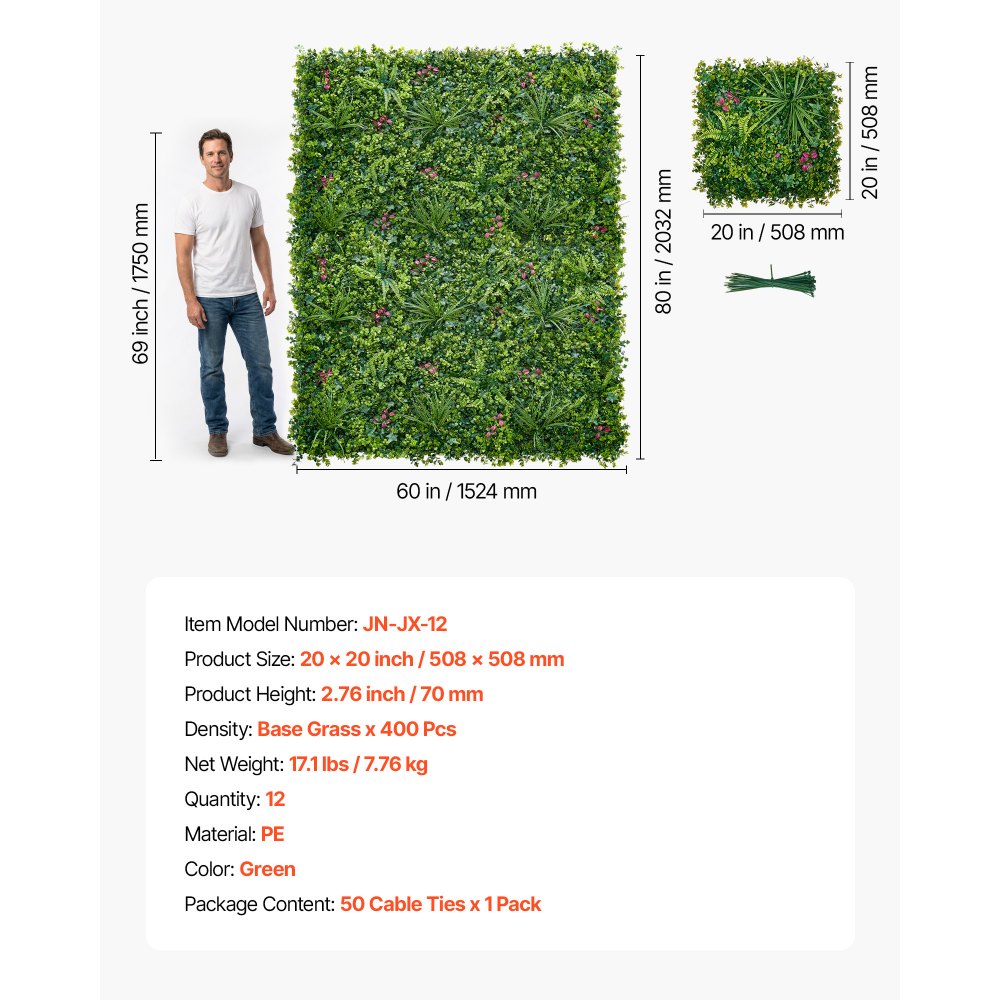 VEVOR Artificial Plant Wall, 12PCS 20 x 20 in Artificial Boxwood Panels, Greenery Backdrop Privacy Hedge Fence with Sun Protection, Fake Grass Wall Screen for Wedding, Indoor, Outdoor Garden, Backyard