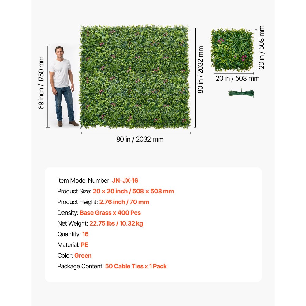 VEVOR Kunsthaag 50x50 cm 16-delige set, plantenwand, PE privacyscherm, privacyhek, windscherm, haaghek, kunstplanten balkonbekleding voor bruiloften, buitentuinen, achtertuinen