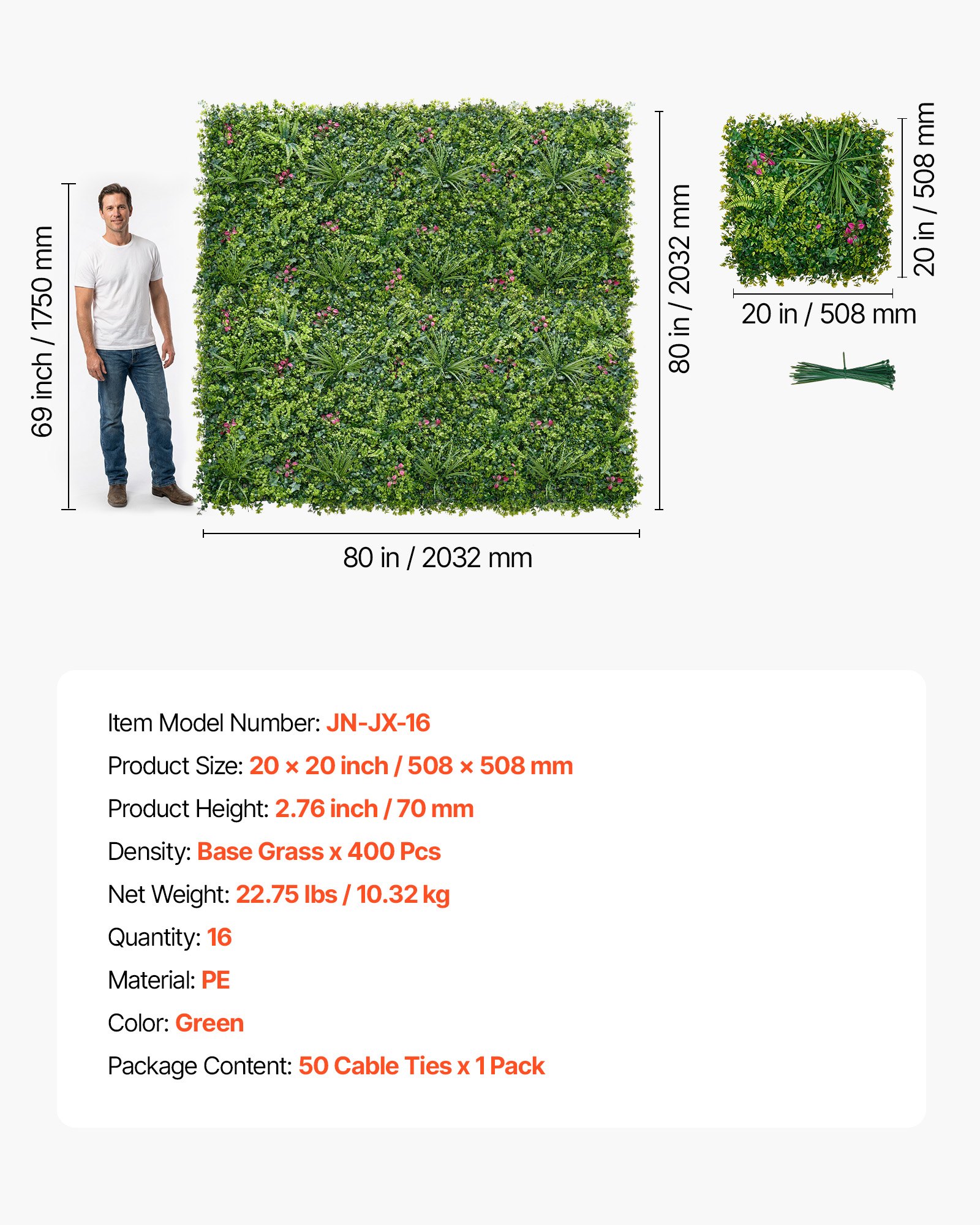 VEVOR Kunsthaag 50x50 cm 16-delige set, plantenwand, PE privacyscherm, privacyhek, windscherm, haaghek, kunstplanten balkonbekleding voor bruiloften, buitentuinen, achtertuinen