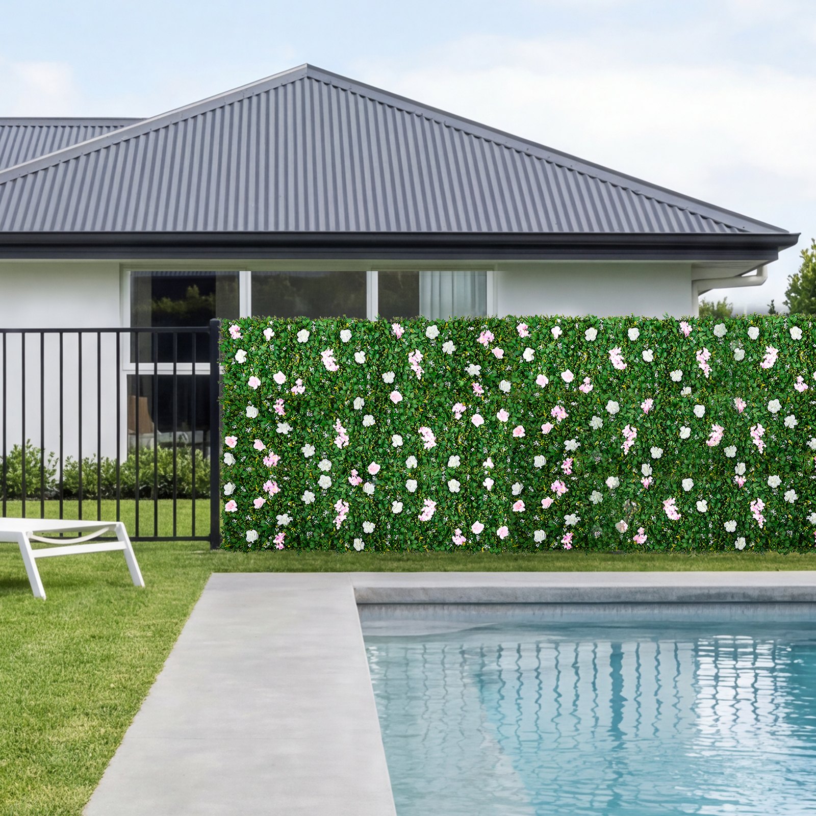 VEVOR Kunsthaag 2,4 m x 61 cm 2 stuks, Plantenwand, PE Privacyscherm, Privacyhek met Zijden Bloemen, Heghek, Kunstplanten Balkonbekleding voor Bruiloften, Buitentuinen, Achtertuinen