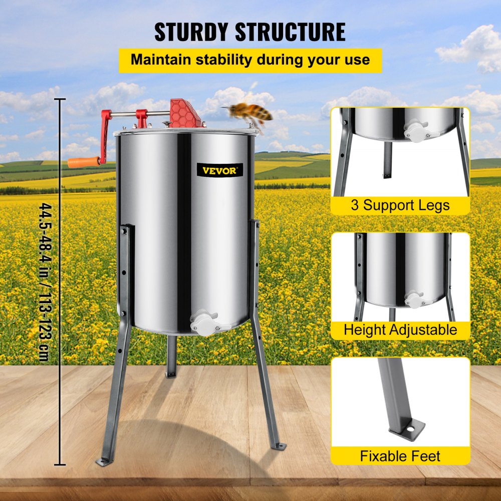VEVOR 4 Frame Manual Honey Extractor Separator Stainless Steel Bee Extractor Stainless Steel Honeycomb Spinner Crank Beekeeping Extraction Apiary Centrifuge Equipment