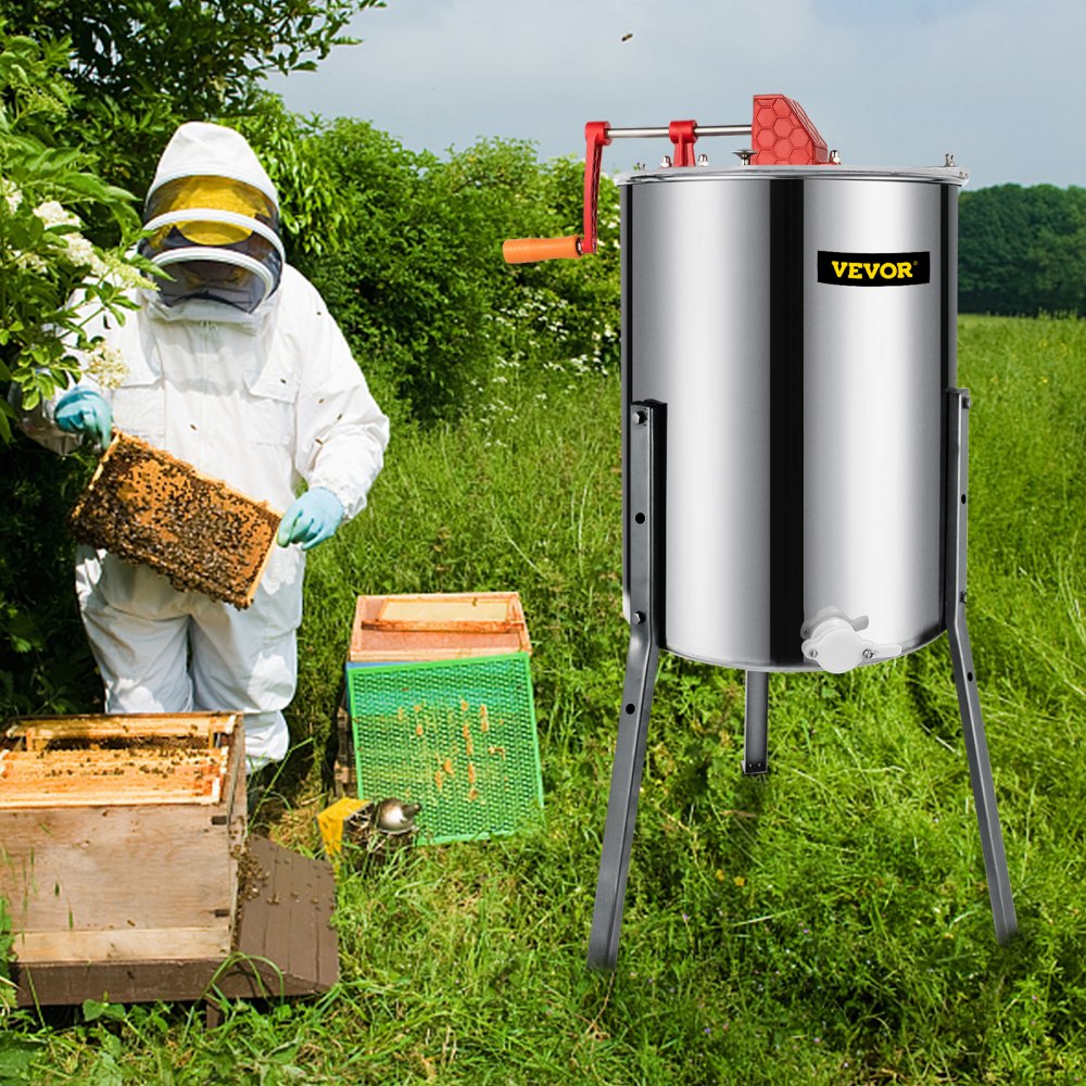 VEVOR 4 Frame Manual Honey Extractor Separator Stainless Steel Bee Extractor Stainless Steel Honeycomb Spinner Crank Beekeeping Extraction Apiary Centrifuge Equipment
