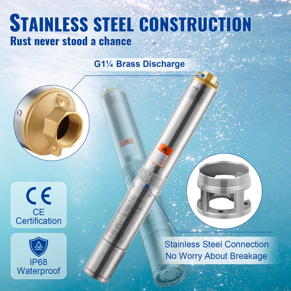 VEVOR Diepwaterpomp, 370 W, 230 V, 50 Hz, max. debiet 5,3 m³/u, max. opvoerhoogte 50 m, met 9,1 m stroomkabel, roestvrijstalen waterpompen voor industriële irrigatie en thuisgebruik, IP68 waterbestendigheid