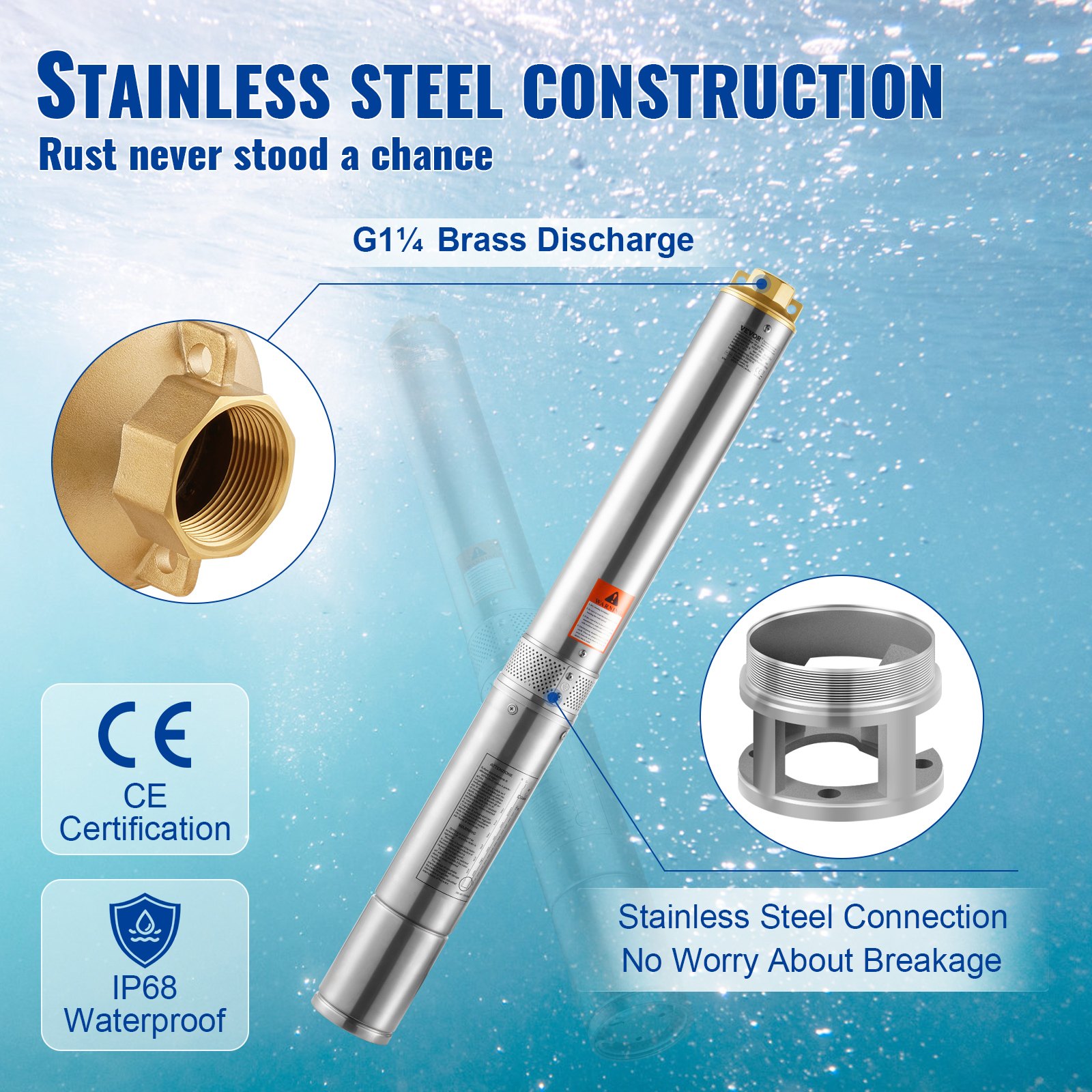 VEVOR Deep Well Submersible Pump, 750W 230V 60Hz, 7.1 m³/h Max Flow 75 m Max Head, with 9.1 m Electric Cord, Stainless Steel Water Pump for Industrial, Irrigation&Home Use, IP68 Waterproof Grade