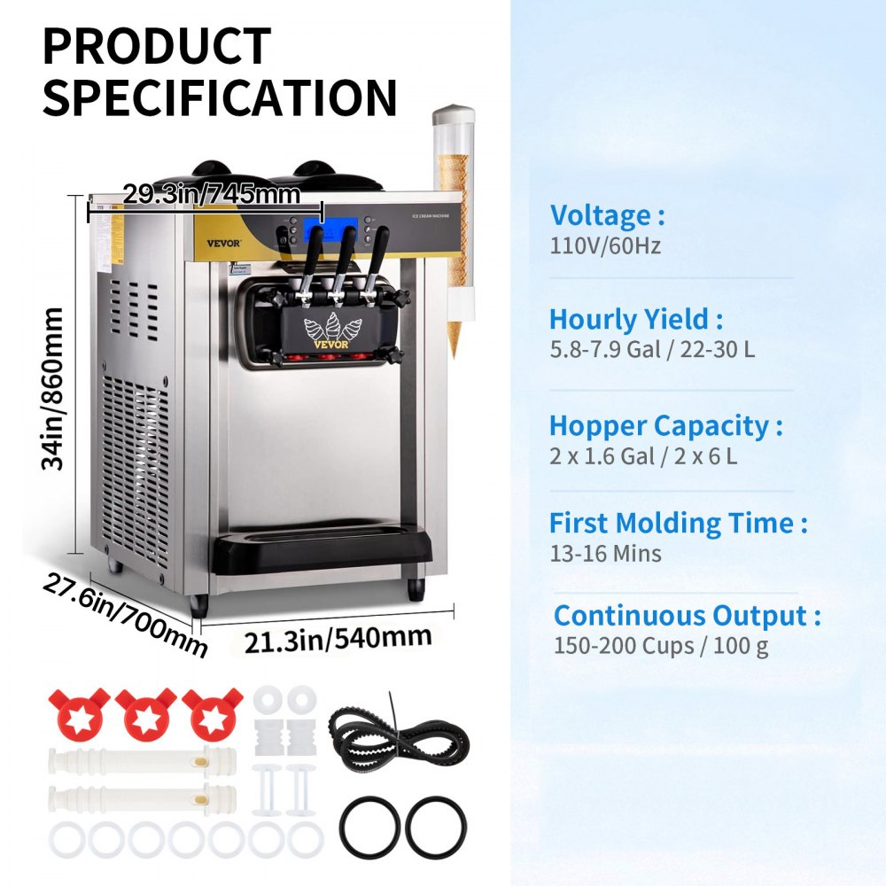 VEVOR Commerciële Softijsmachine 22-30 l/u Professionele ijsmachine met LCD-display, 3 smaken, tafelmodel voor catering en bedrijven