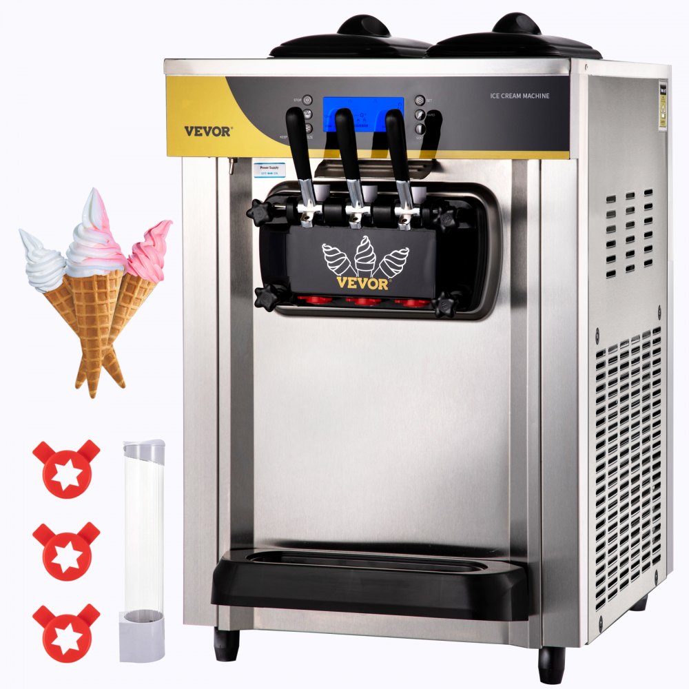 VEVOR Commercial Ice Cream Maker, 22-30L/H Yield, 2200W Countertop Soft Serve Machine with 2x6L Hopper 2L Cylinder LCD Panel Puffing Shortage Alarm, Frozen Yogurt Maker for Restaurant Snack Bar, Silve