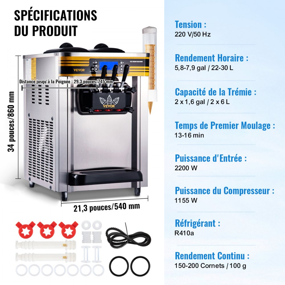 VEVOR Commerciële Softijsmachine 2200W Aanrecht Softijsmachine 22-30L/U Softijsmachine Desktop, Softijsmachine 3 Smaken met LCD-scherm IJsmachine IJsmachine
