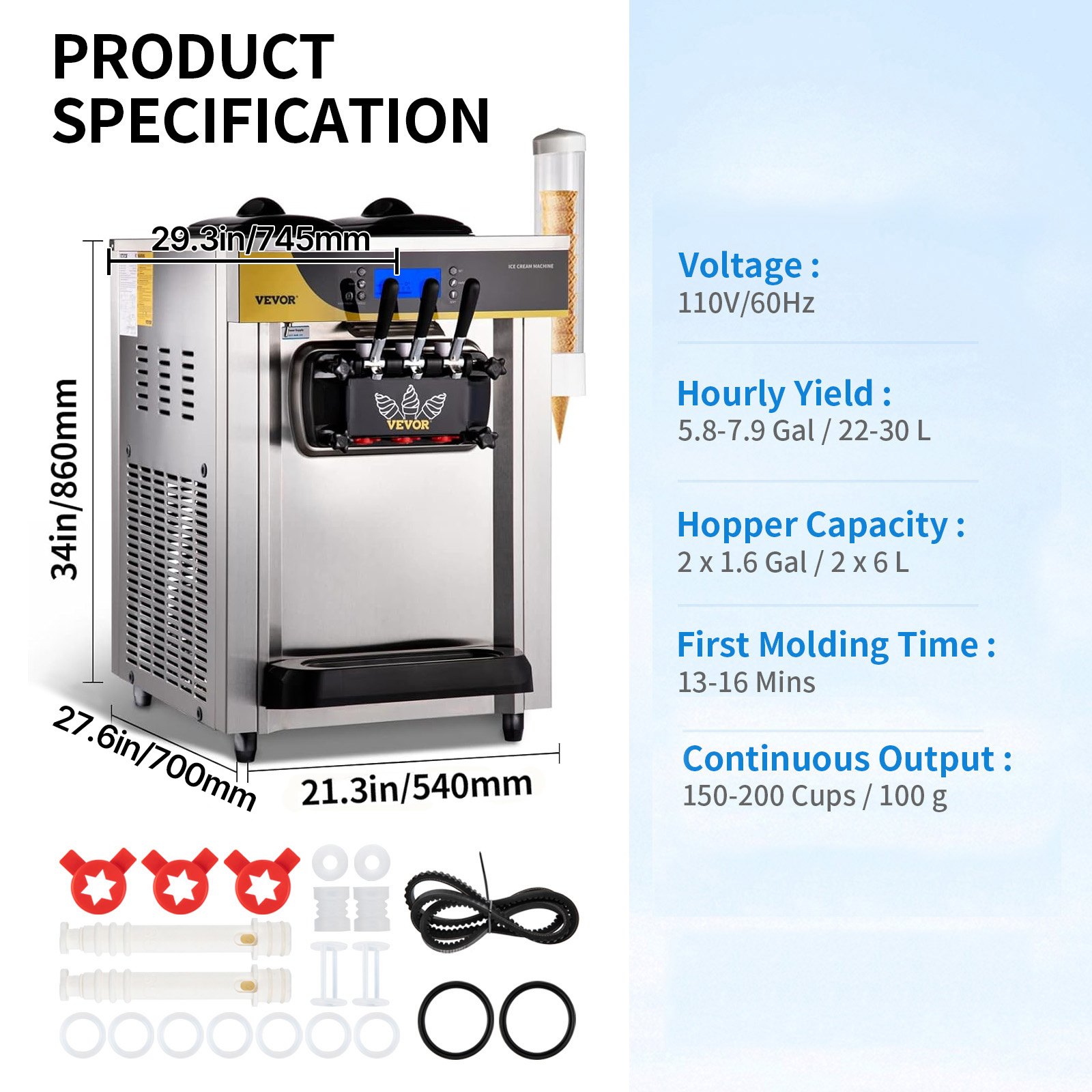 VEVOR Commerciële Softijsmachine 22-30 l/u Professionele ijsmachine met LCD-display, 3 smaken, tafelmodel voor catering en bedrijven