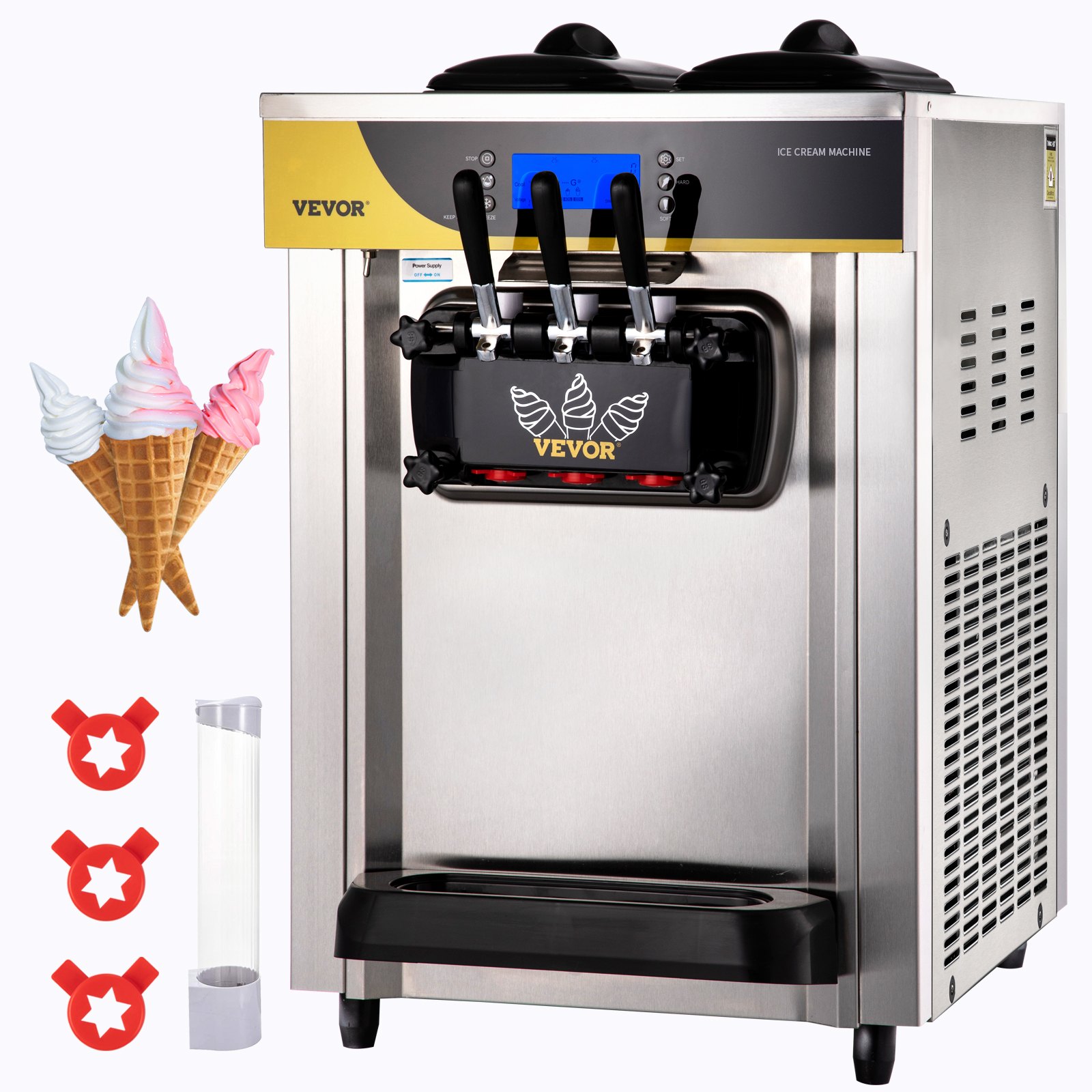 VEVOR Commerciële Softijsmachine 22-30 l/u Professionele ijsmachine met LCD-display, 3 smaken, tafelmodel voor catering en bedrijven