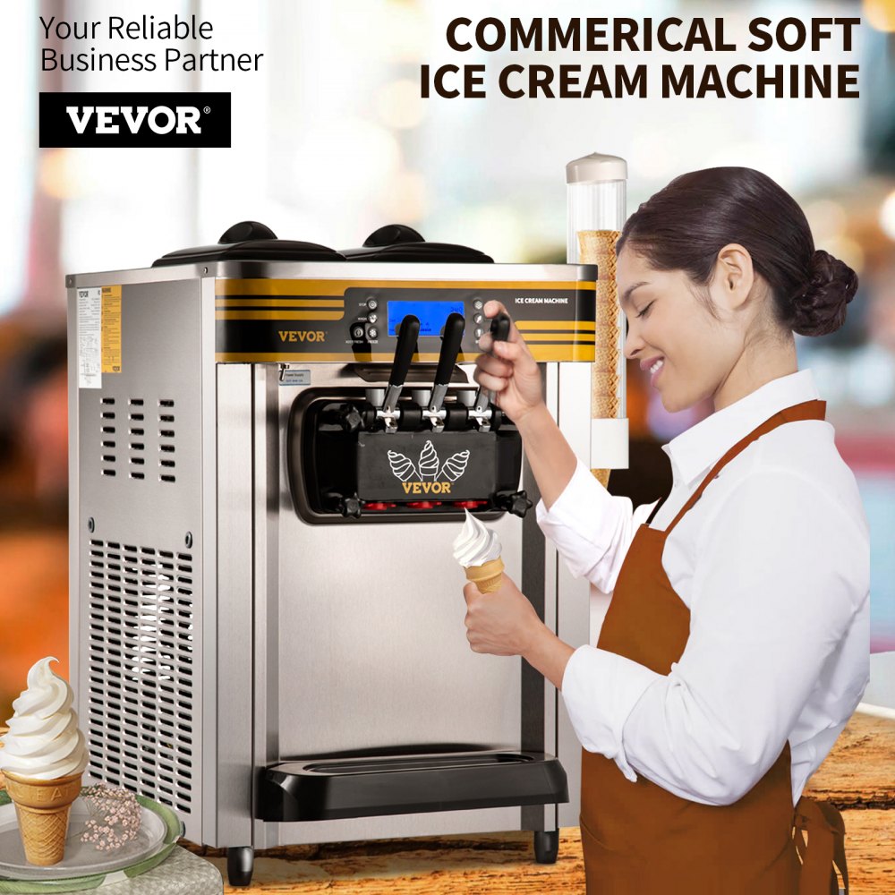 VEVOR Commerciële Softijsmachine 22-30 l/u Professionele ijsmachine met LCD-display, 3 smaken, roestvrijstalen reservoir, tafelmodel voor catering en commercieel gebruik
