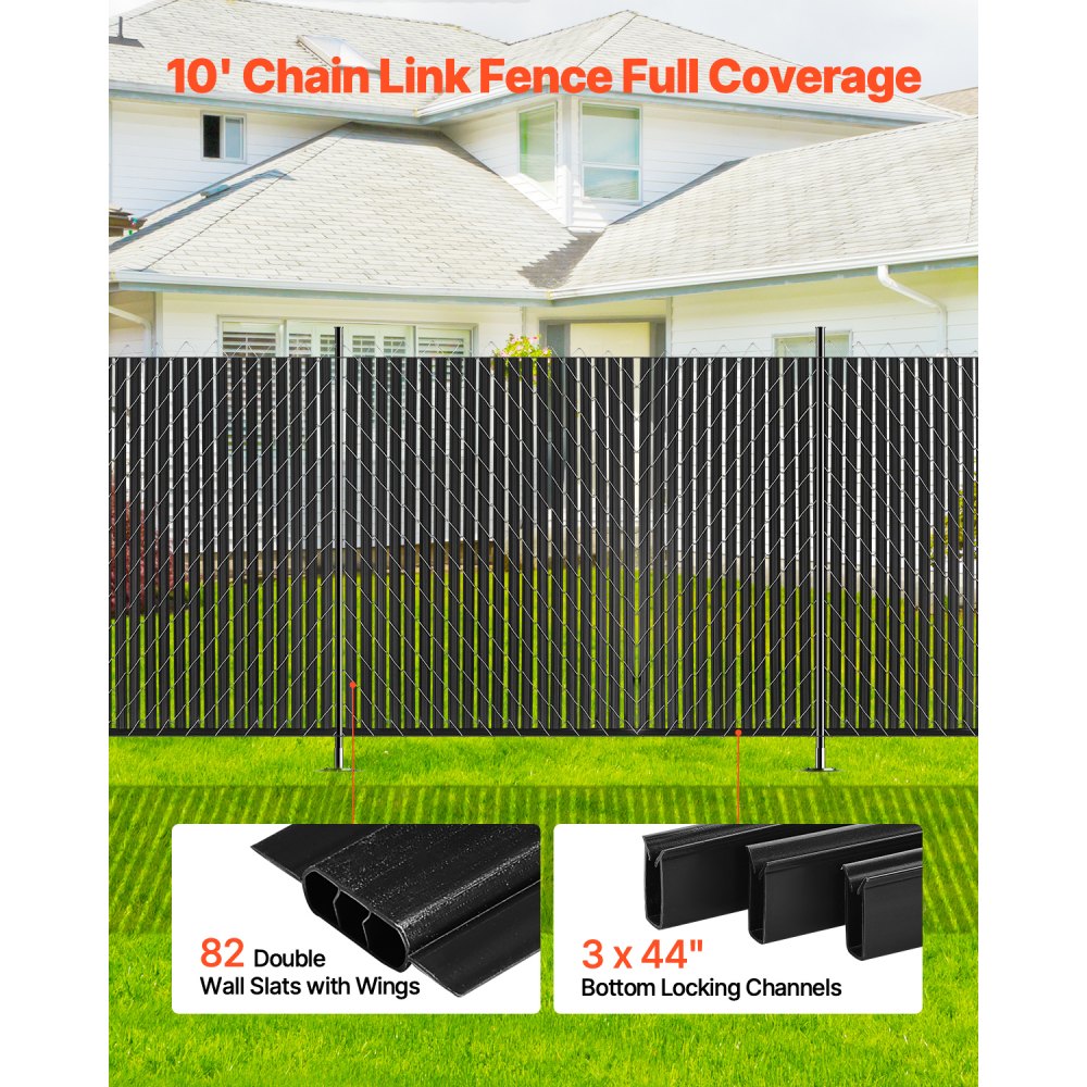 VEVOR Privacy Screen Lamellen 2350 mm, Dubbelwandige verticale lamellen met grondvergrendeling en vleugels voor kettingschakelhekken, HDPE-gaaslamellen, Ideaal voor tuin en boerderij (Zwart)