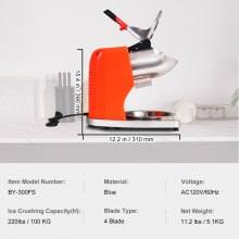 VEVOR Electric Ice Crusher Machine Ice Shaving Machine Ice Shaver 100 kg/h, Stainless Steel Ice Crusher Shaver 300 W, 390x260x310 mm with Plastic Shell & Additional Blades Orange