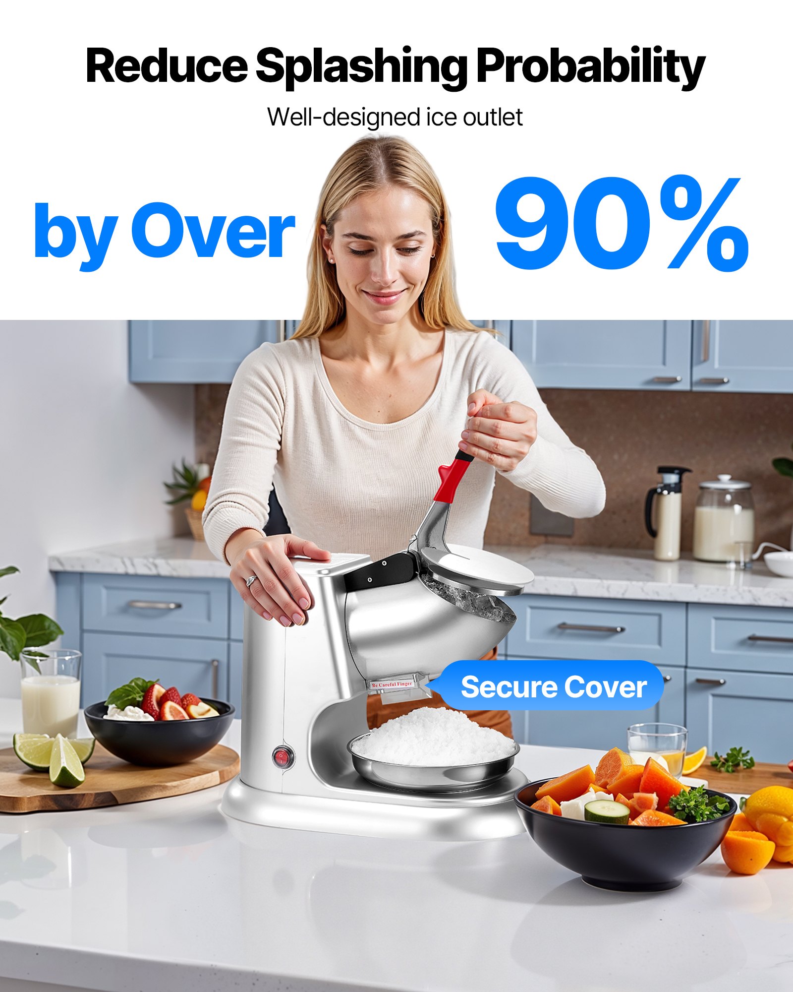 VEVOR Ice Crusher Machine, 220lbs Per Hour Electric 4 Blades Snow Cone Maker, Stainless Steel Shaved Ice Machine with Bowl and Cover, 300W 2000RPM Ice-Shaver for Home and Commercial Use, Silver