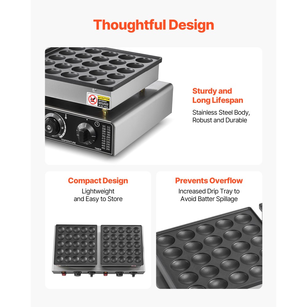 VEVOR Mini-pannenkoekenmaker (50 stuks), Dorayaki-bakplaat van antiaanbak roestvrij staal, 1800W commerciële elektrische poffertjesgrillpan, dubbele temperatuur- en tijdsregeling, voor restaurants