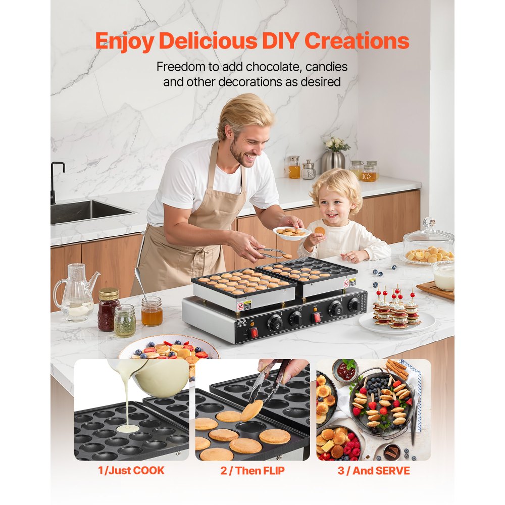 VEVOR Mini-pannenkoekenmaker (50 stuks), Dorayaki-bakplaat van antiaanbak roestvrij staal, 1800W commerciële elektrische poffertjesgrillpan, dubbele temperatuur- en tijdsregeling, voor restaurants
