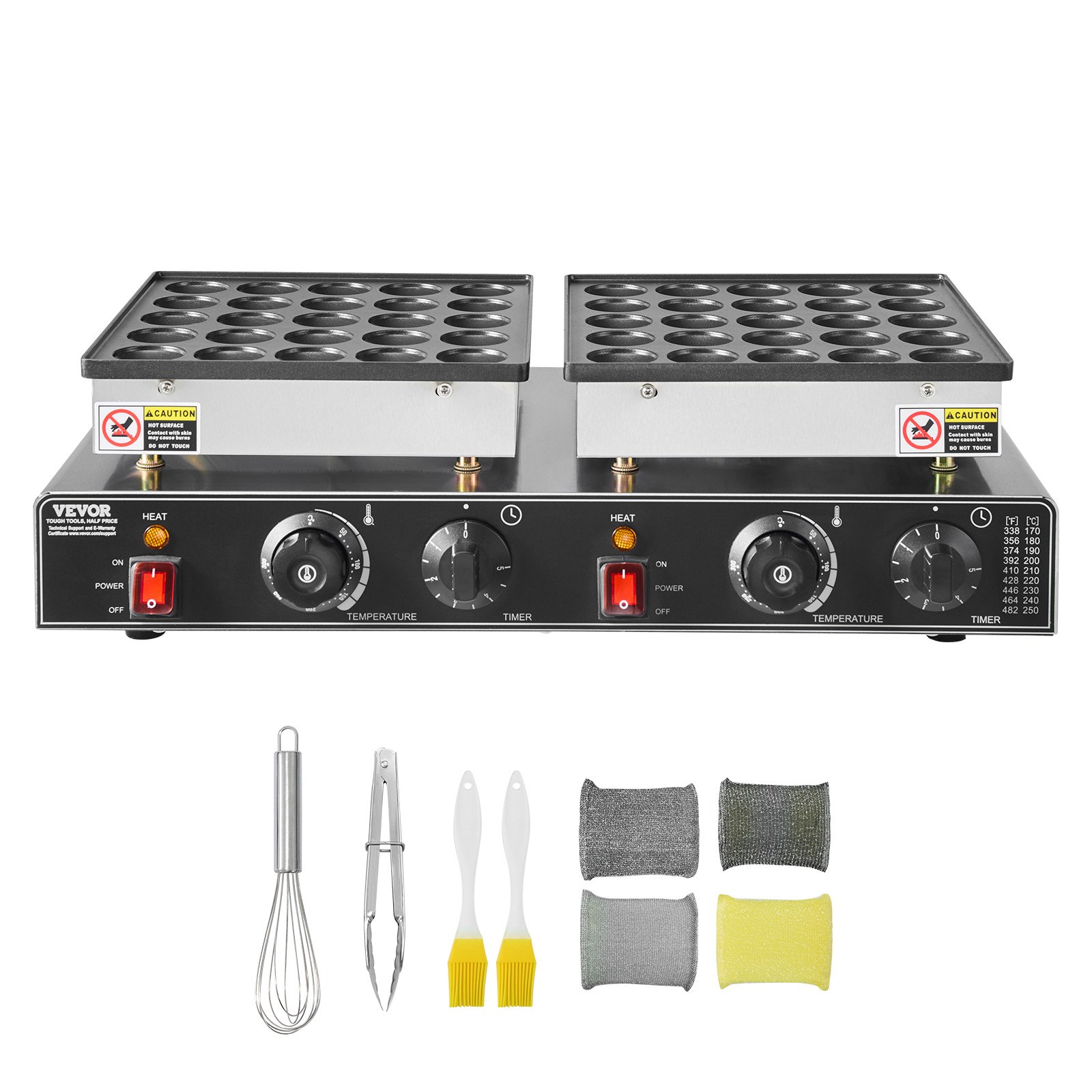 VEVOR Mini-pannenkoekenmaker (50 stuks), Dorayaki-bakplaat van antiaanbak roestvrij staal, 1800W commerciële elektrische poffertjesgrillpan, dubbele temperatuur- en tijdsregeling, voor restaurants