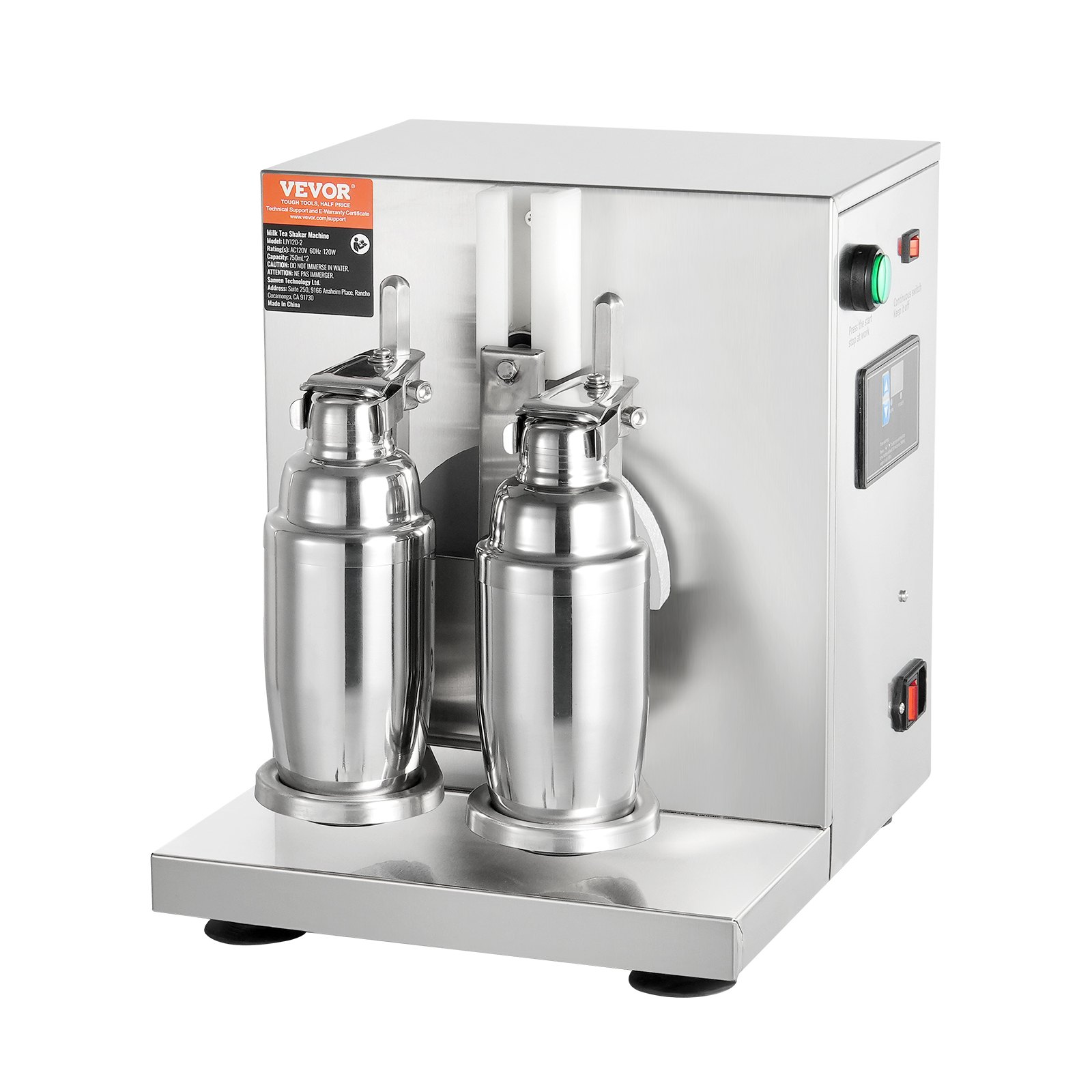 VEVOR Milkshakemachine, 120W commerciële melkthee shaker, dubbele kop milkshakemixer, 0-180s verstelbare milkshakemixer, met 750ml roestvrijstalen beker, voor melkthee winkel