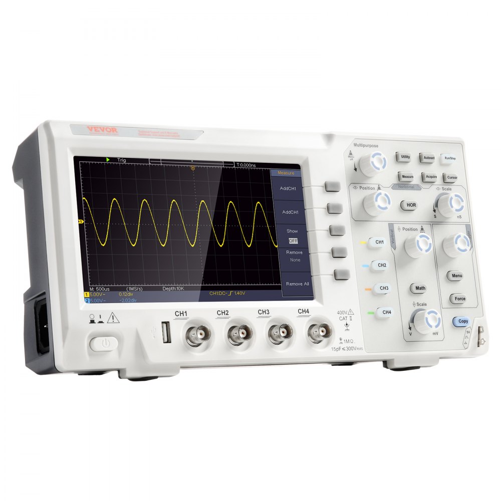 VEVOR Handoscilloscoop Digitale multimeter 4 kanalen 100 MHz bandbreedte 1 GS/S Hoge sampling Professioneel 177,8 mm kleurenscherm Oscilloscoop, mini-oscilloscoop Gegevensopslagfunctie Wiskundige berekening