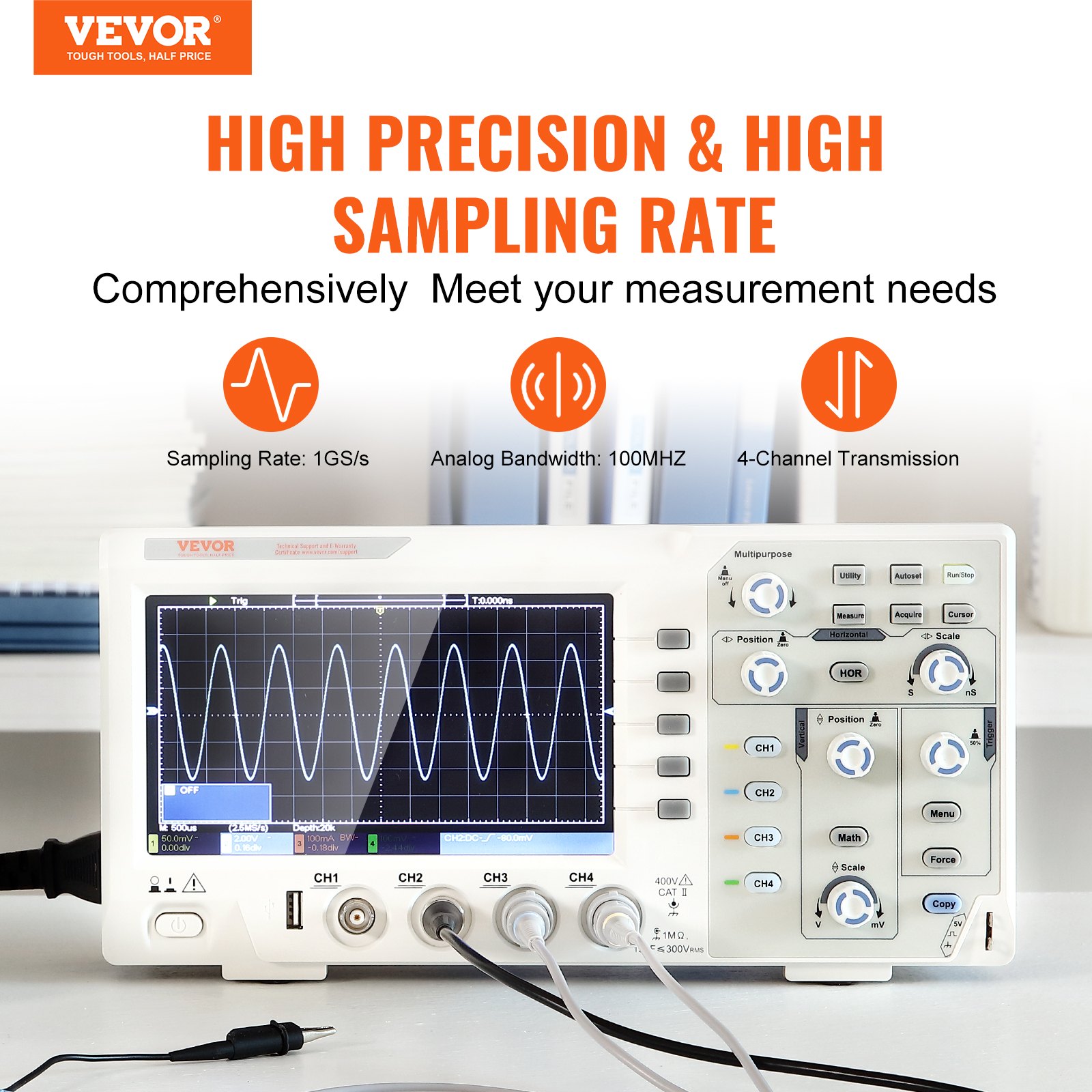VEVOR Handoscilloscoop Digitale multimeter 4 kanalen 100 MHz bandbreedte 1 GS/S Hoge sampling Professioneel 177,8 mm kleurenscherm Oscilloscoop, mini-oscilloscoop Gegevensopslagfunctie Wiskundige berekening