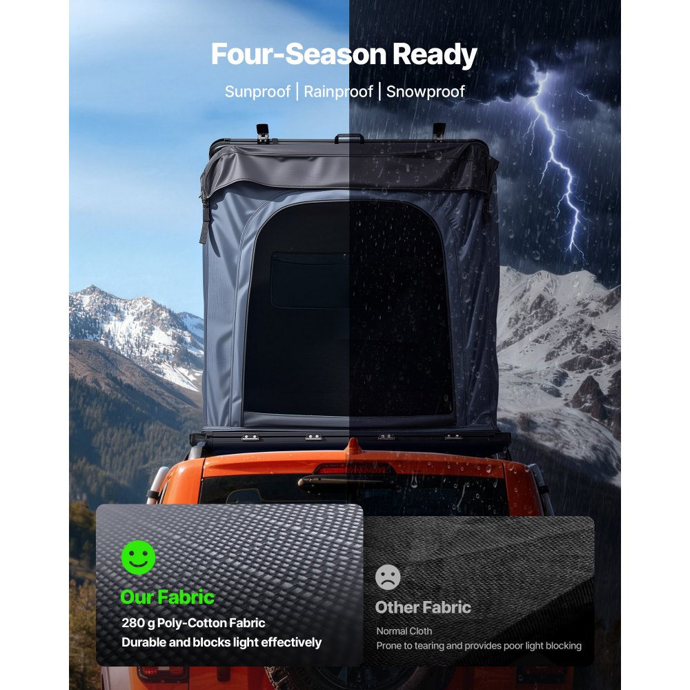 VEVOR Hard Shell Daktent voor 2-3 Personen, Aluminium Kampeertent met Driekleurige LED-verlichting & Raam, Waterdicht & Winddicht, voor Jeep SUV Pick-up, 2535 x 1320 x 1520 mm (uitgeklapt)