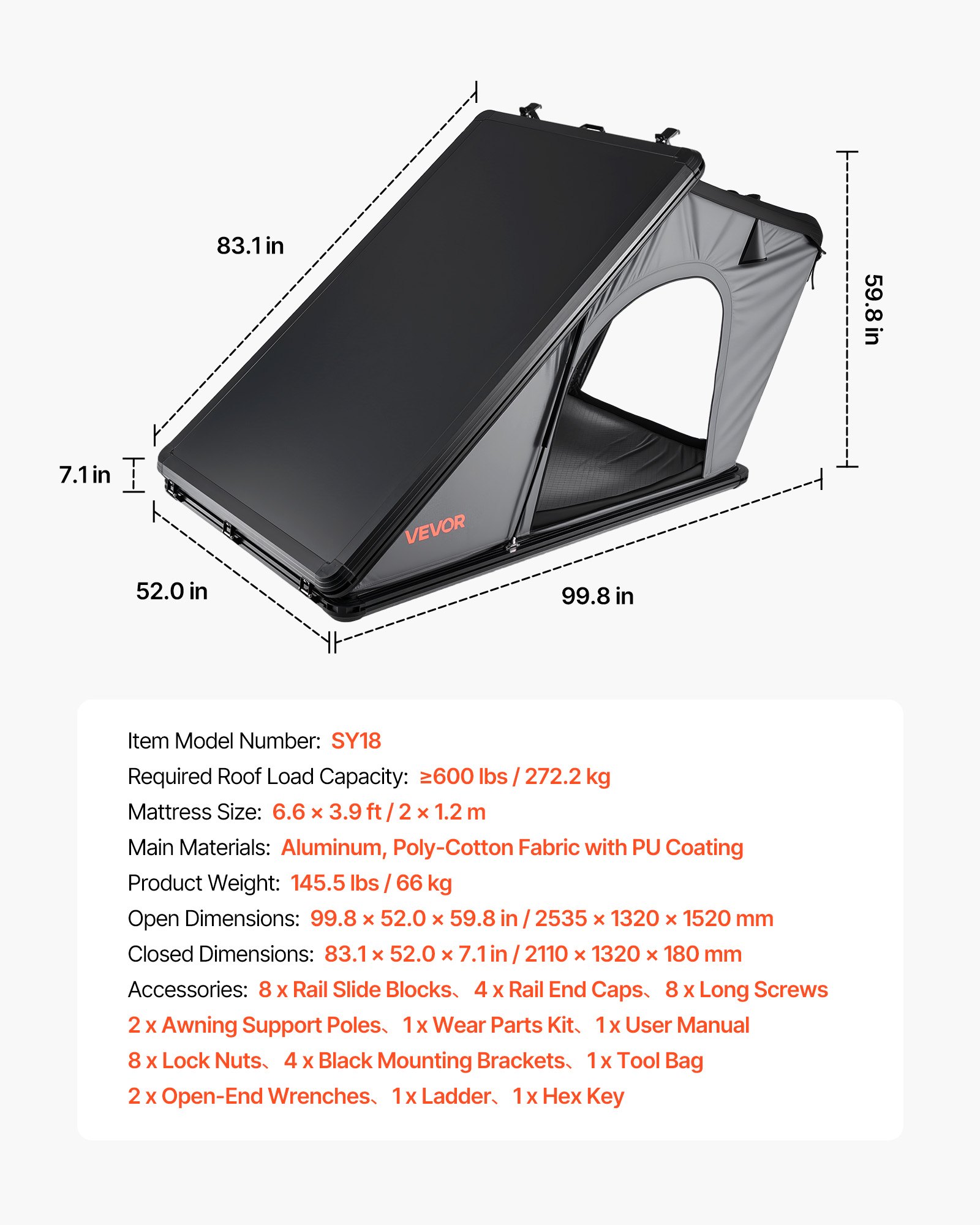 VEVOR Hard Shell Daktent voor 2-3 Personen, Aluminium Kampeertent met Driekleurige LED-verlichting & Raam, Waterdicht & Winddicht, voor Jeep SUV Pick-up, 2535 x 1320 x 1520 mm (uitgeklapt)