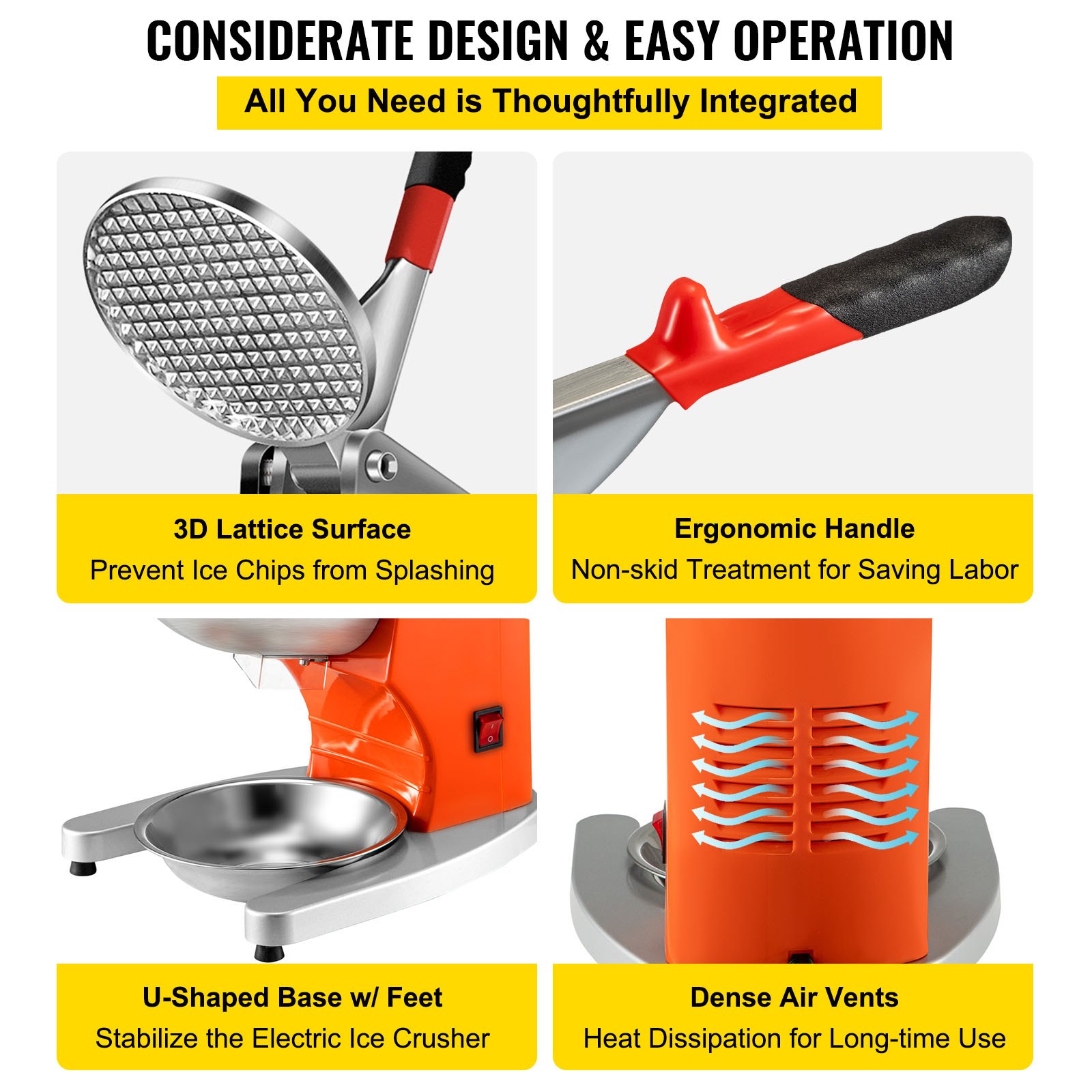 VEVOR Electric Ice Shaver Crusher Snow Cone Maker Machine with Dual Stainless Steel Blades 210LB/H Shaved Ice Machine 300W 1450 RPM with Ice Plate & Additional Blade for Home and Commercial Use Orange