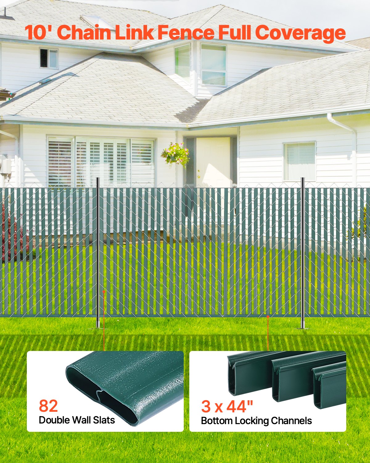 VEVOR Bottom Locking Privacy Slats, Double-Wall Vertical Bottom-Locking Slats for Chain-Link Fence, High-Density HDPE Chain Link Slats Ideally Fit 4' High Fence for Garden, Farm, Sports Field(Green)