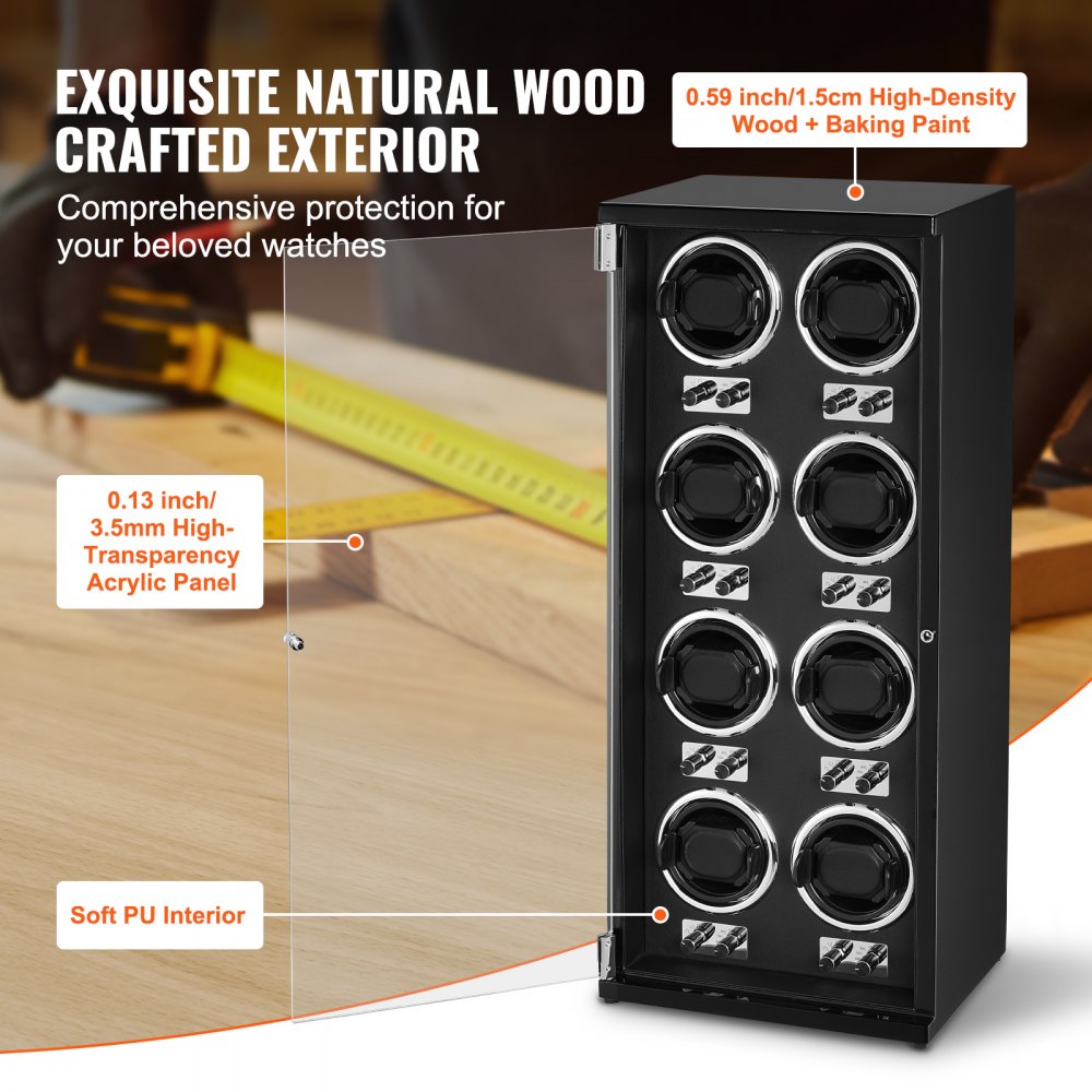 VEVOR Watch Winder, Automatische Watch Winder, Watch Winder voor Automatische Horloges, Automatische Watch Winder met Ruimte voor 8 Horloges, LED Verlichting, Verstelbare Bandlengte 150-207 mm