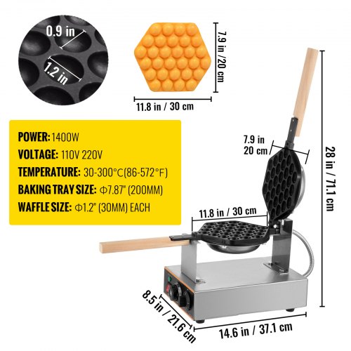VEVOR Elektrische bubble wafelijzer, roestvrij staal, 1400 W, commerciële wafelmachine, 30 stuks eieren, wafelmaker, keukenapparaten, 220V, 180 graden draaibare wafelijzer voor restaurant, bar en café