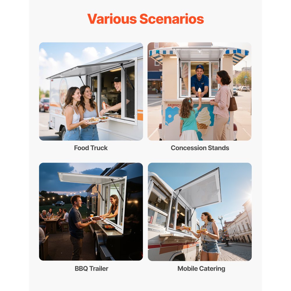 VEVOR Concession Window 92x92 cm, Aluminum Alloy Service Window for Food Truck, Up to 85 Degrees Stand Serving Window with 4 Sliding Windows, Awning Door, and Drag Hook, for Concession Trailers