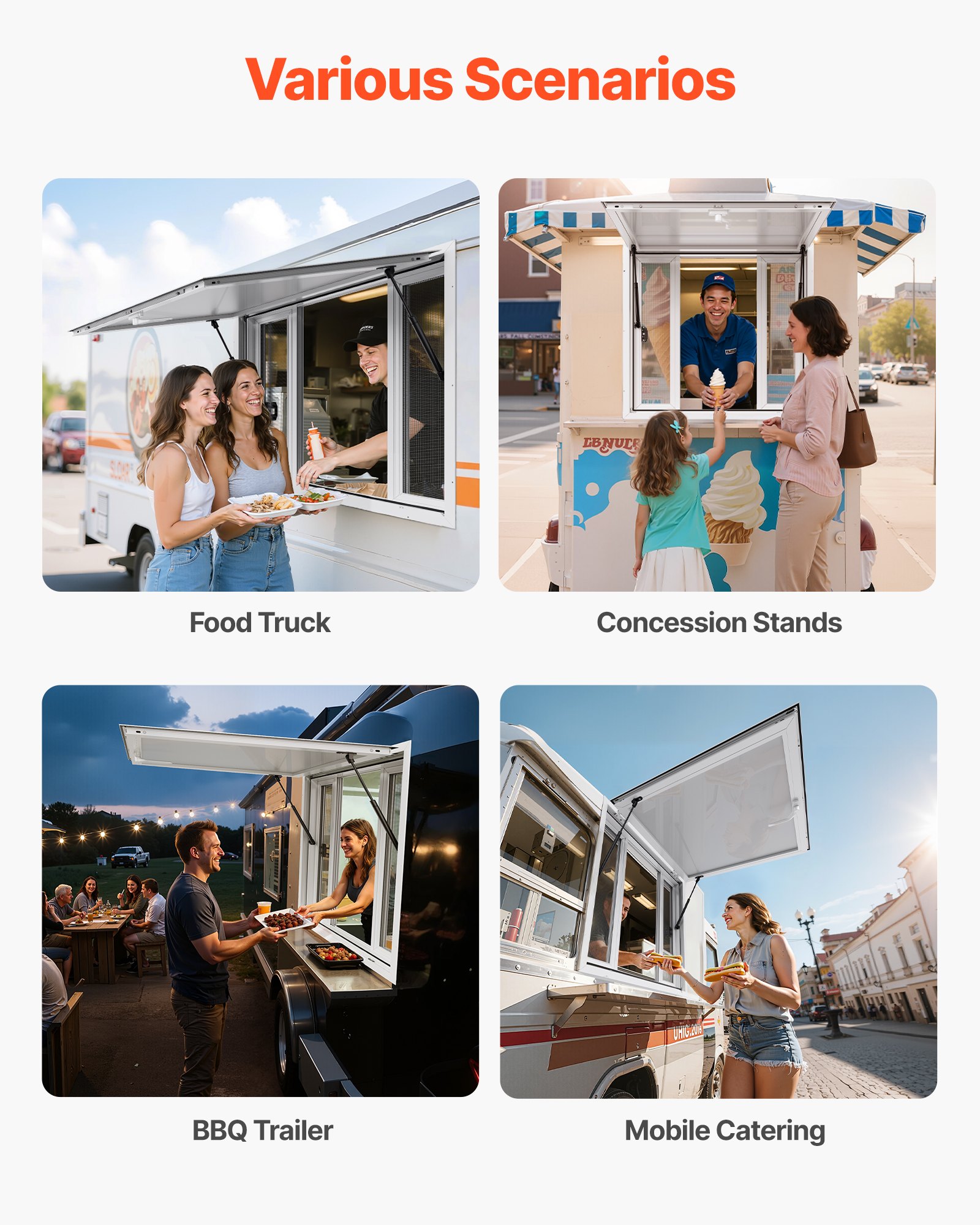 VEVOR Concession Window 92x92 cm, Aluminum Alloy Service Window for Food Truck, Up to 85 Degrees Stand Serving Window with 4 Sliding Windows, Awning Door, and Drag Hook, for Concession Trailers