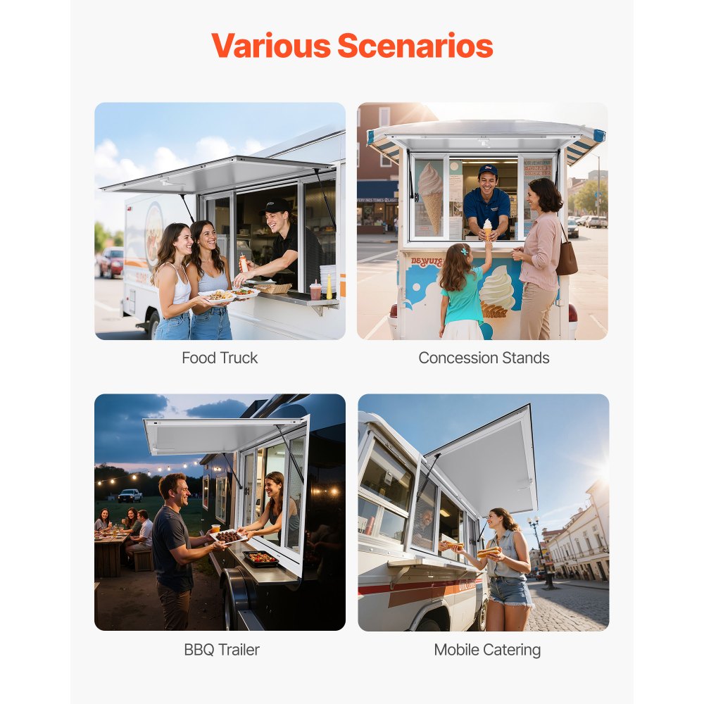 VEVOR Concession Window 152x92 cm, Aluminum Alloy Service Window for Food Truck, Up to 85 Degrees Stand Serving Window with 4 Sliding Windows, Awning Door, and Drag Hook, for Concession Trailers