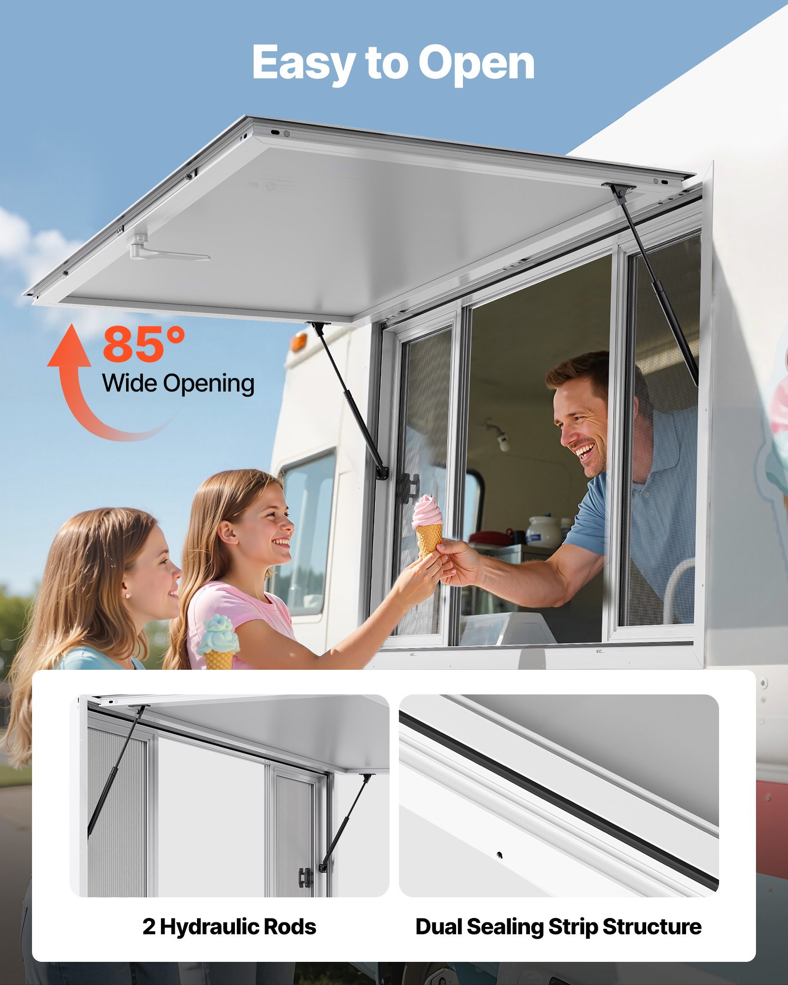 VEVOR Concession Window 152x92 cm, Aluminum Alloy Service Window for Food Truck, Up to 85 Degrees Stand Serving Window with 4 Sliding Windows, Awning Door, and Drag Hook, for Concession Trailers