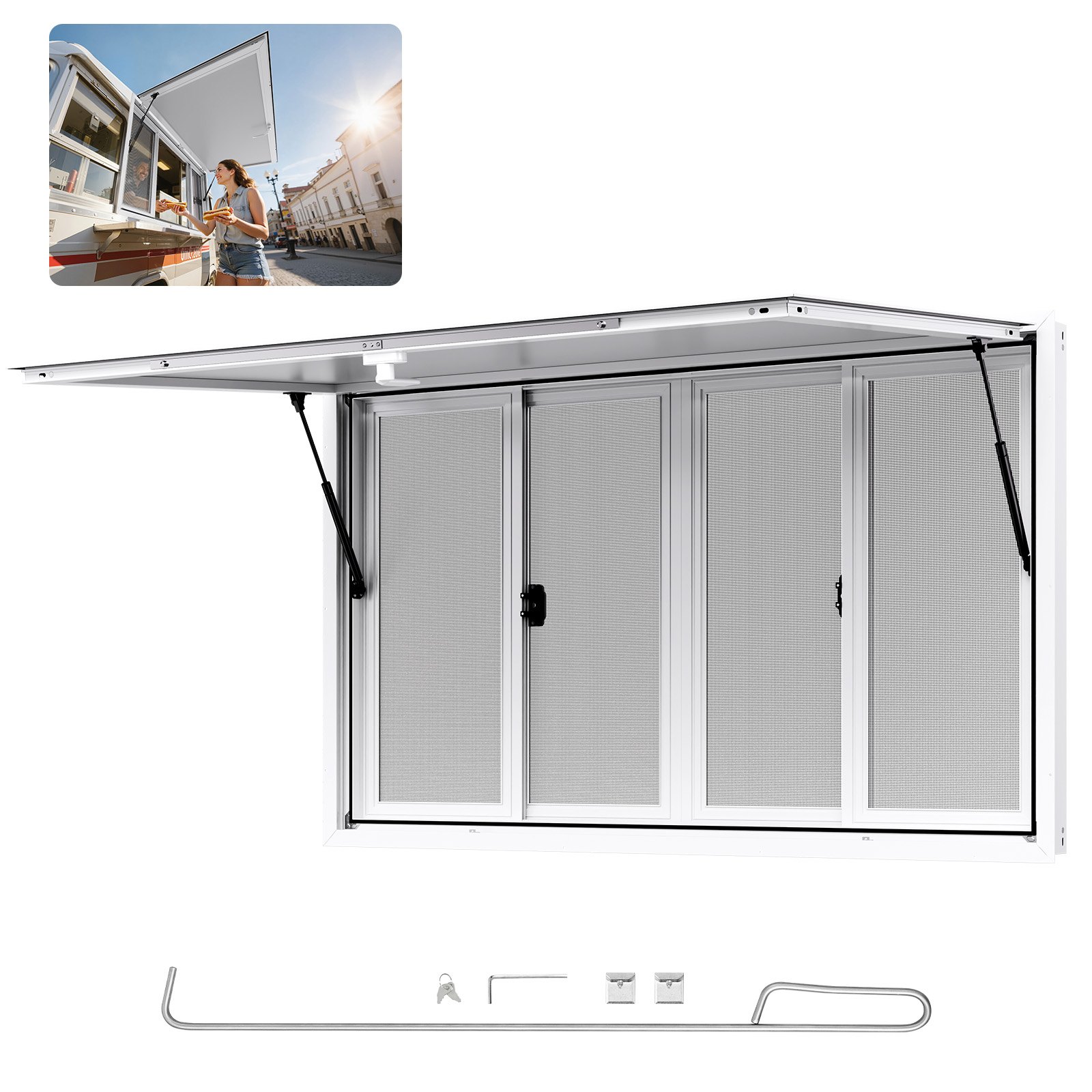 VEVOR Concession Window 152x92 cm, Aluminum Alloy Service Window for Food Truck, Up to 85 Degrees Stand Serving Window with 4 Sliding Windows, Awning Door, and Drag Hook, for Concession Trailers