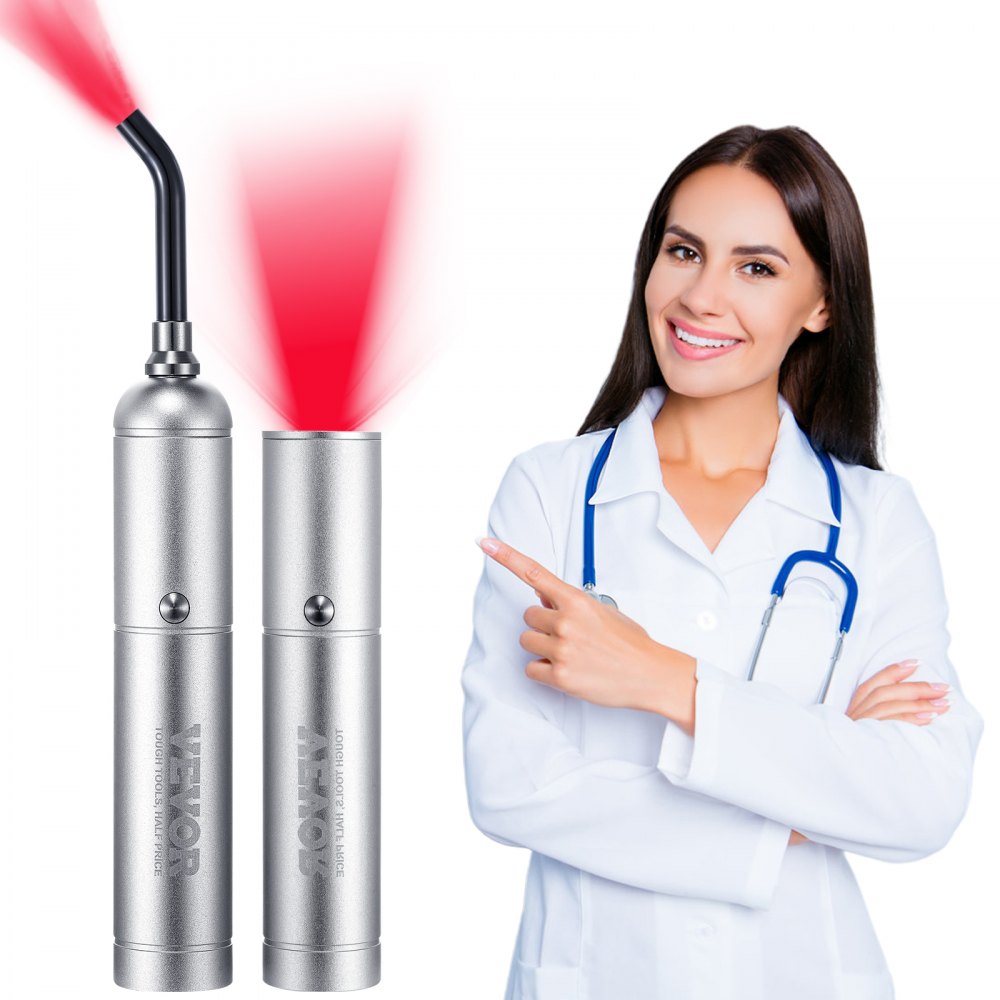 doctor pointing at VEVOR red light therapy device emitting red light, showcasing its features.