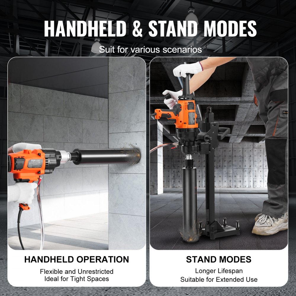 VEVOR Core Drill Machine, 0.8-7.1in Drilling Diameter Handheld Diamond Core Drill Rig with Stand and Core Drill Bit, 2600W Rugged Concrete Core Drill, Wet and Dry Use, For Concrete, Brick, Marble