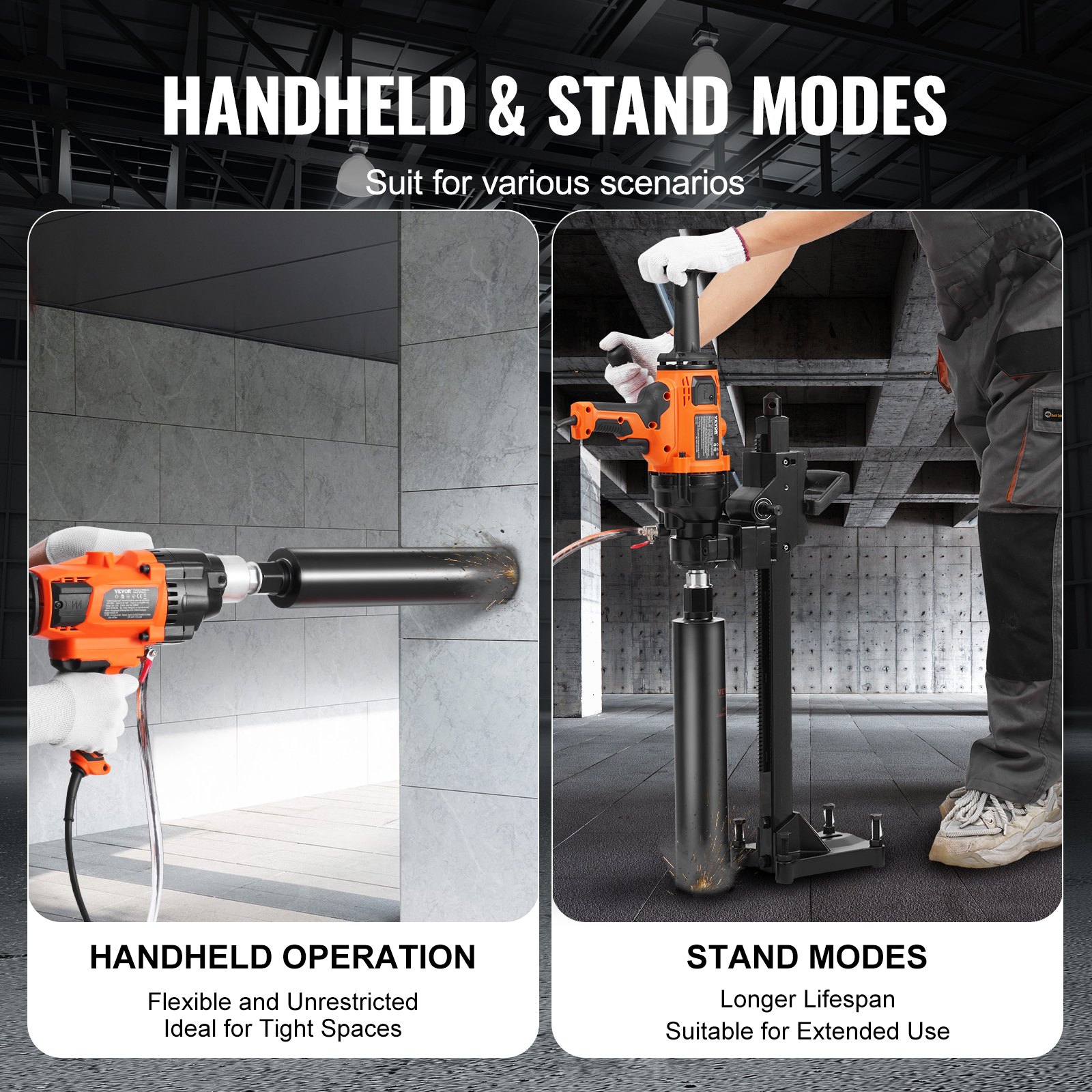 VEVOR Core Drill Machine, 0.8-7.1in Drilling Diameter Handheld Diamond Core Drill Rig with Stand and Core Drill Bit, 2600W Rugged Concrete Core Drill, Wet and Dry Use, For Concrete, Brick, Marble