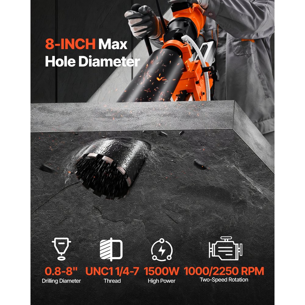 VEVOR diamantkernboormachine, maximale boordiameter 202 mm, 2-in-1 diamantboor, 1500 W met 4 boren en instelbare snelheden (1000 / 2500 tpm) voor beton, baksteen en steen.