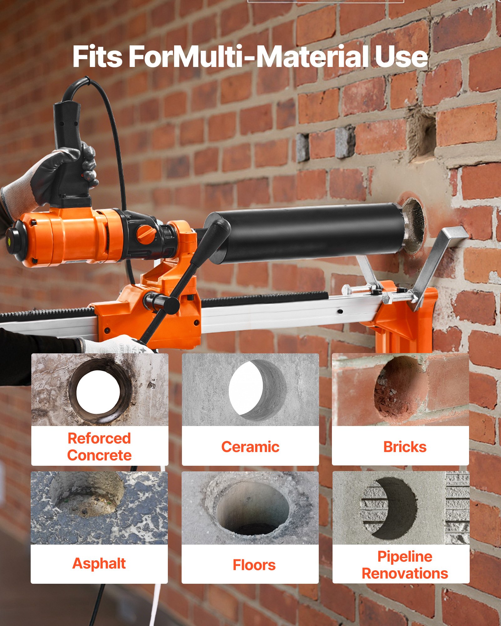 VEVOR diamantkernboormachine, maximale boordiameter 202 mm, 2-in-1 diamantboor, 1500 W met 4 boren en instelbare snelheden (1000 / 2500 tpm) voor beton, baksteen en steen.