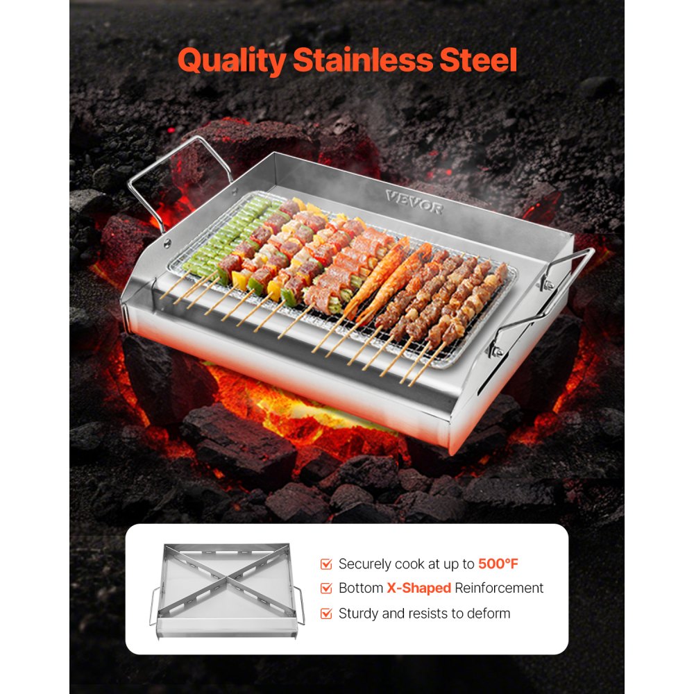 VEVOR Grillplaat Grillpan RVS Universele Rechthoekige Plaat (425x270mm) met Platte Bovenkant, Gasgrillplaat voor BBQ Grill Teppanyaki, Draagbare Familie Kookgerei met Handvat