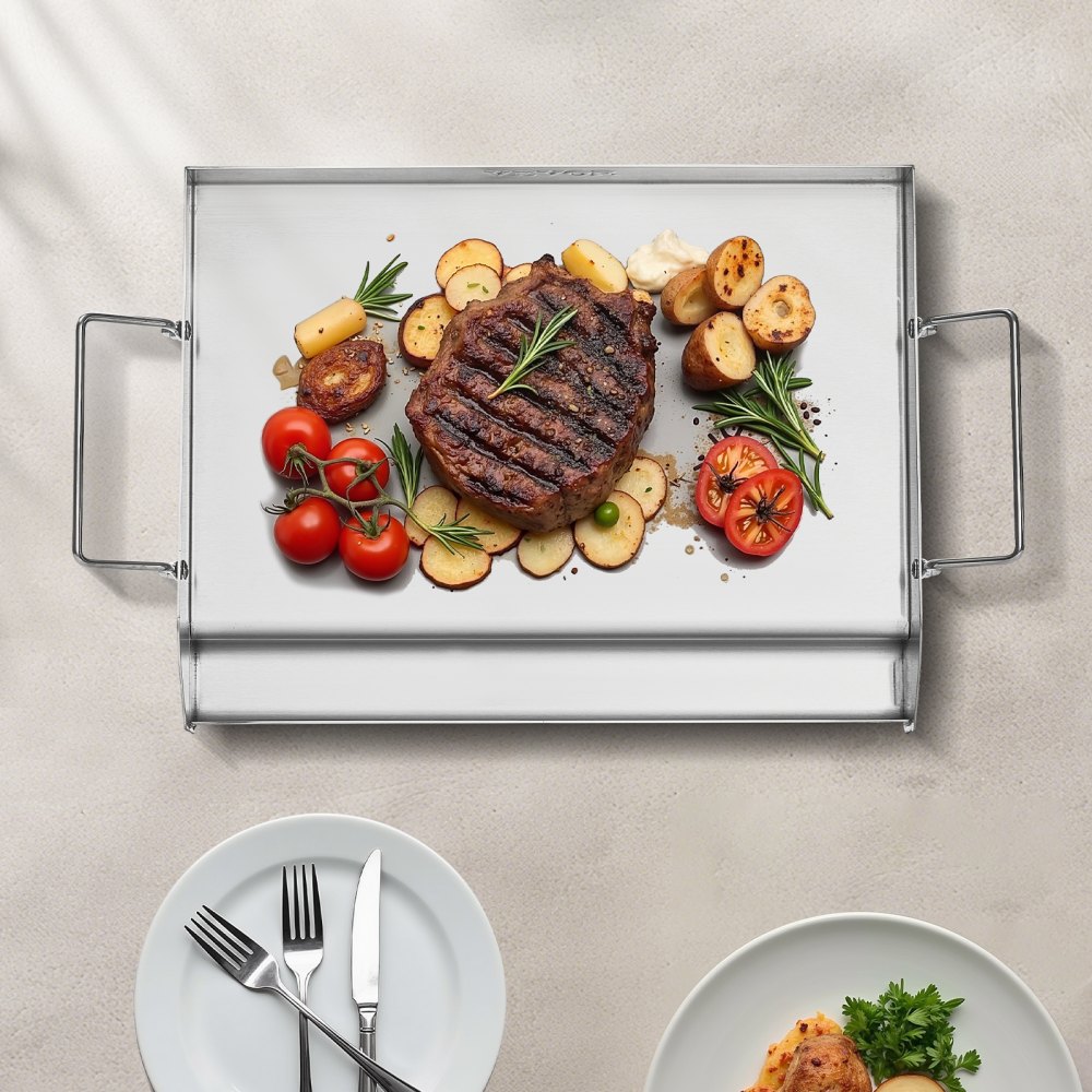 VEVOR Grillplaat Grillpan RVS Universele Rechthoekige Plaat (425x270mm) met Platte Bovenkant, Gasgrillplaat voor BBQ Grill Teppanyaki, Draagbare Familie Kookgerei met Handvat