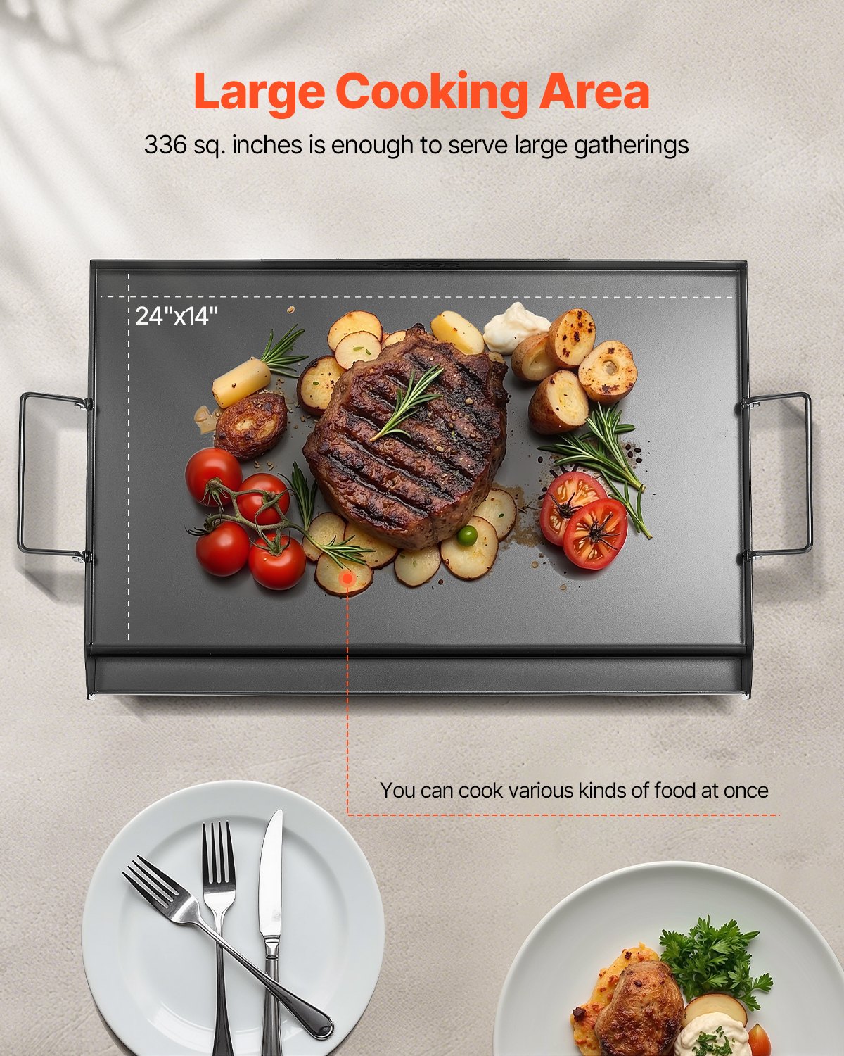 VEVOR Bakplaat Grillpan Koolstofstaal Universele Rechthoekige Plaat (605 x 360 mm) met Platte Bovenkant, Gasgrillplaat voor BBQ Grill Teppanyaki, Draagbare Familie Kookgerei met Handvat