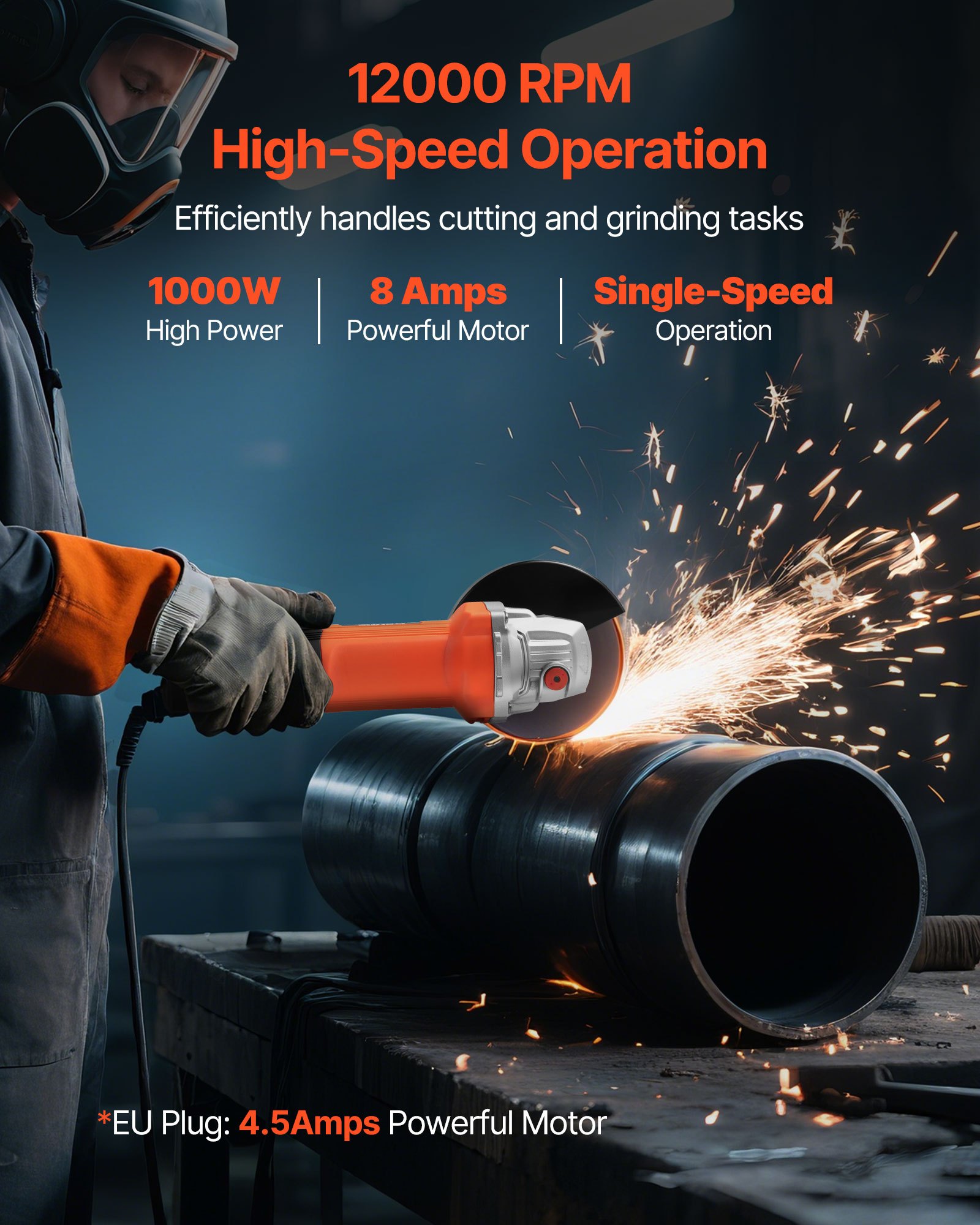 VEVOR Angle Grinder, 114.3mm Electric Grinder Power Tool, 4.5Amps 12000RPM High-Speed Corded Angle Grinders with Adjustable Dust Guard for Metal Grinding, Cutting, Rust Removal (Disc Not Included)