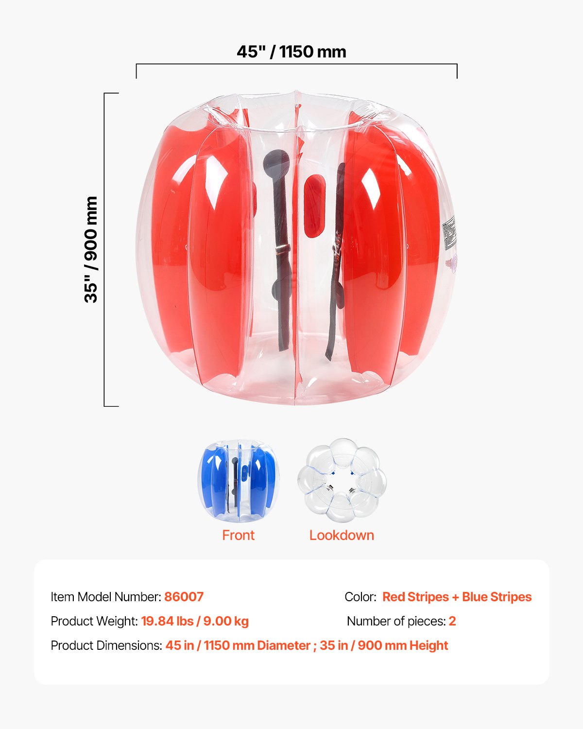 VEVOR Inflatable Bumper Balls 2-Pack, 4FT/1.2M Body Sumo Ball, Durable Thick PVC Human Hamster Bubble Knocker for Outdoor Sports Team Gaming Play, Bopper Toy for Garden Yard Park, Red & Blue