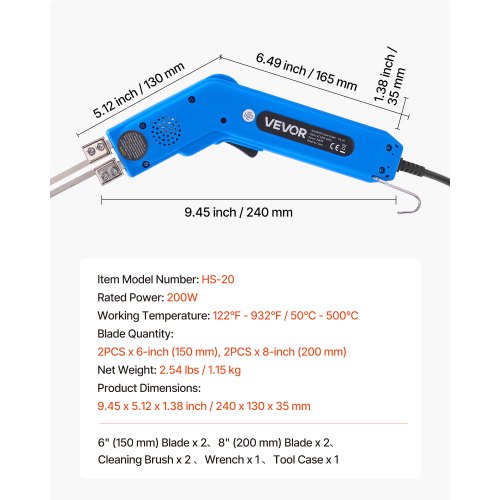 VEVOR Styroporschneider, 200 W Styrocutter, 50-500 °C Einstellbarer Schaumstoffschneider mit 150 mm & 200 mm Schneidklingen für KT-Platten, Polyethylen, Schwamm, Gummi – Werkzeugkasten enthalten