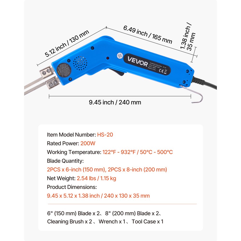 VEVOR piepschuimsnijder, 200W piepschuimsnijder, 50-500°C verstelbare schuimsnijder met 150mm en 200mm snijbladen voor KT-platen, polyethyleen, spons, rubber - Inclusief gereedschapskist