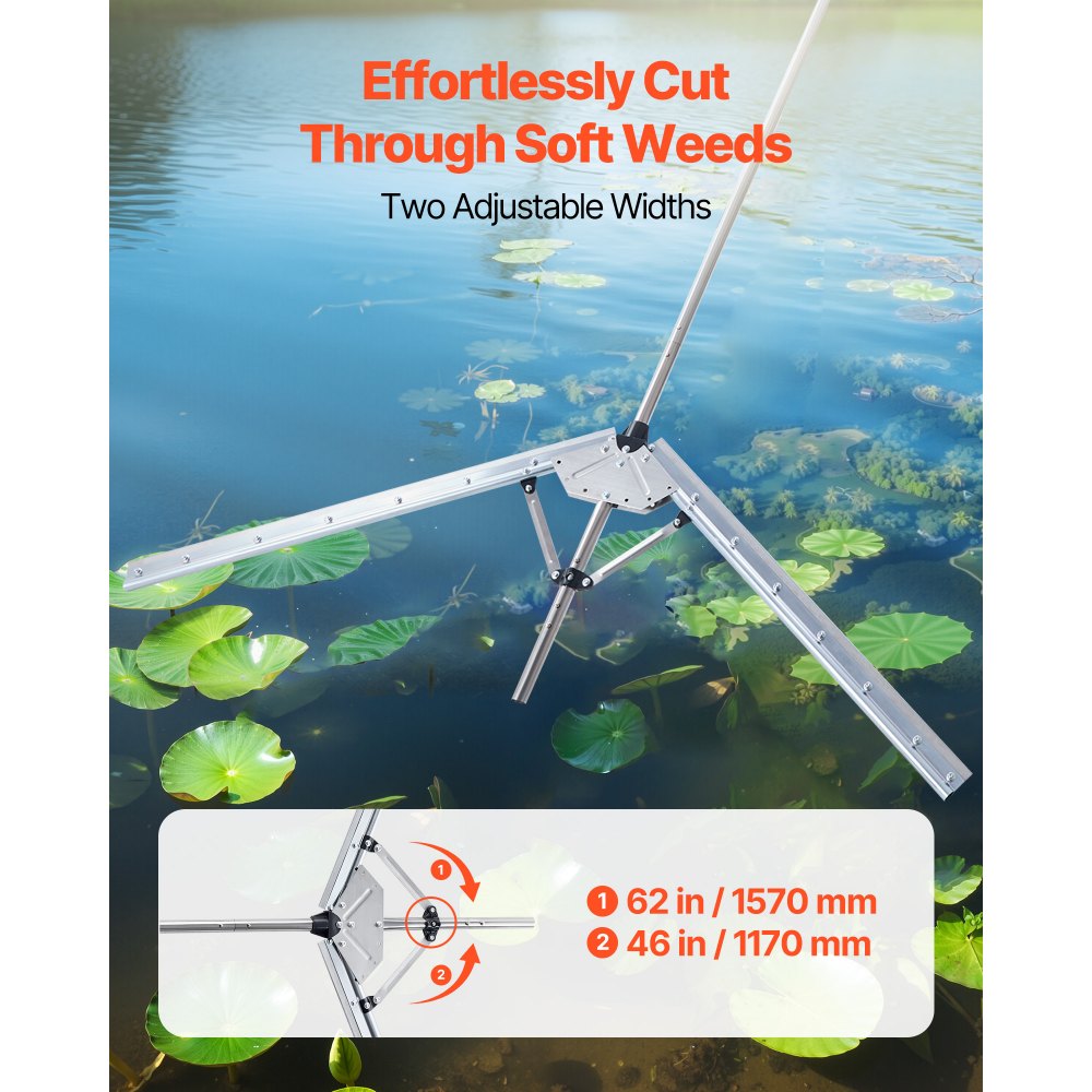 VEVOR Lake Weed Cutter, Pond Aquatic Plant Cutting Tool with 62 in Max. Cut Width, Sharp and Heavy-Duty Steel Blades, Pond Rake with 30 ft Throw Rope, for Cattail, Phragmites, Lilly Pads & Chara